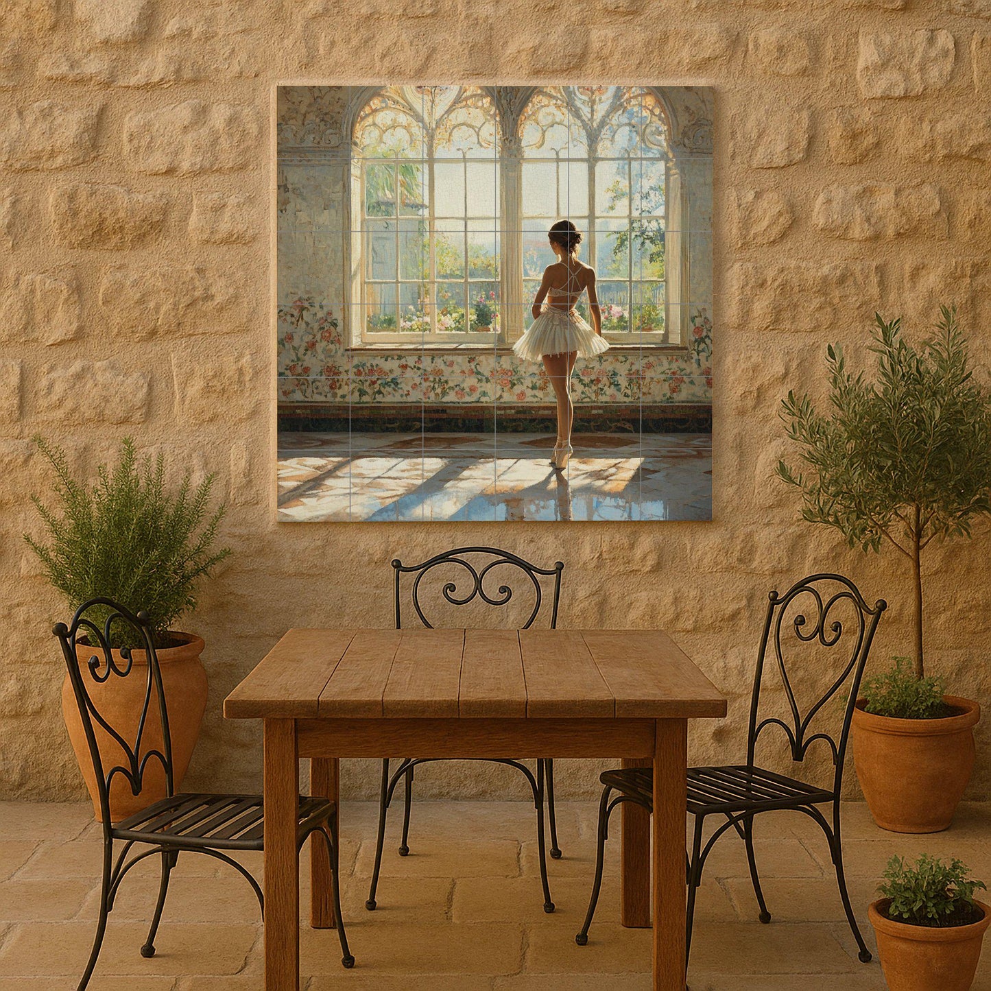 Ceramic mural of a ballerina: elegant dance mosaic with a sunny window, floral walls, classic elegance, and romantic light. Artistic tiles.