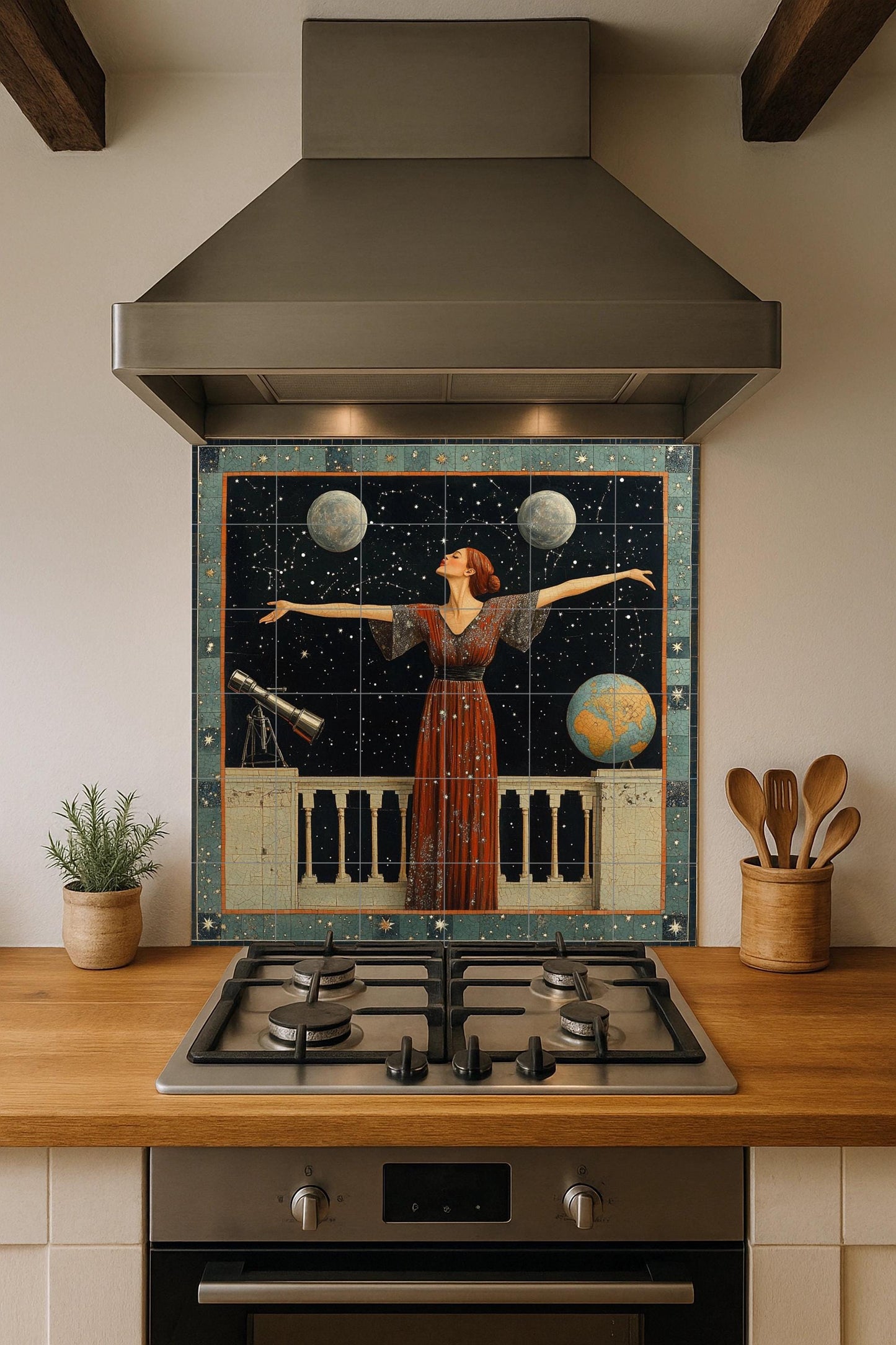 Astronomical ceramic mural: mosaic of a celestial woman with stars, moons, telescope, globe and cosmic night sky.