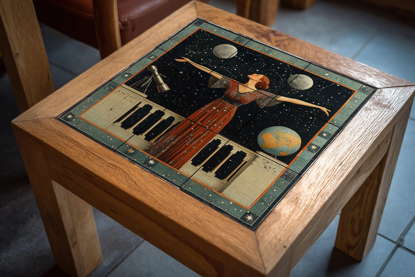 Astronomical ceramic mural: mosaic of a celestial woman with stars, moons, telescope, globe and cosmic night sky.