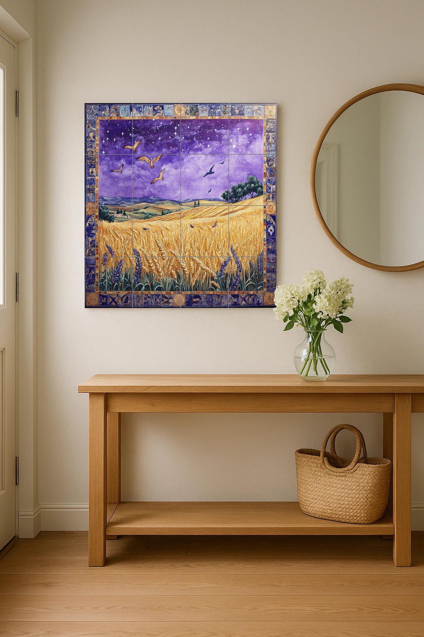Ceramic mural of a wheat field on a starry night: mosaic of the golden harvest with birds in flight, purple sky, ornamental border and countryside landscape.