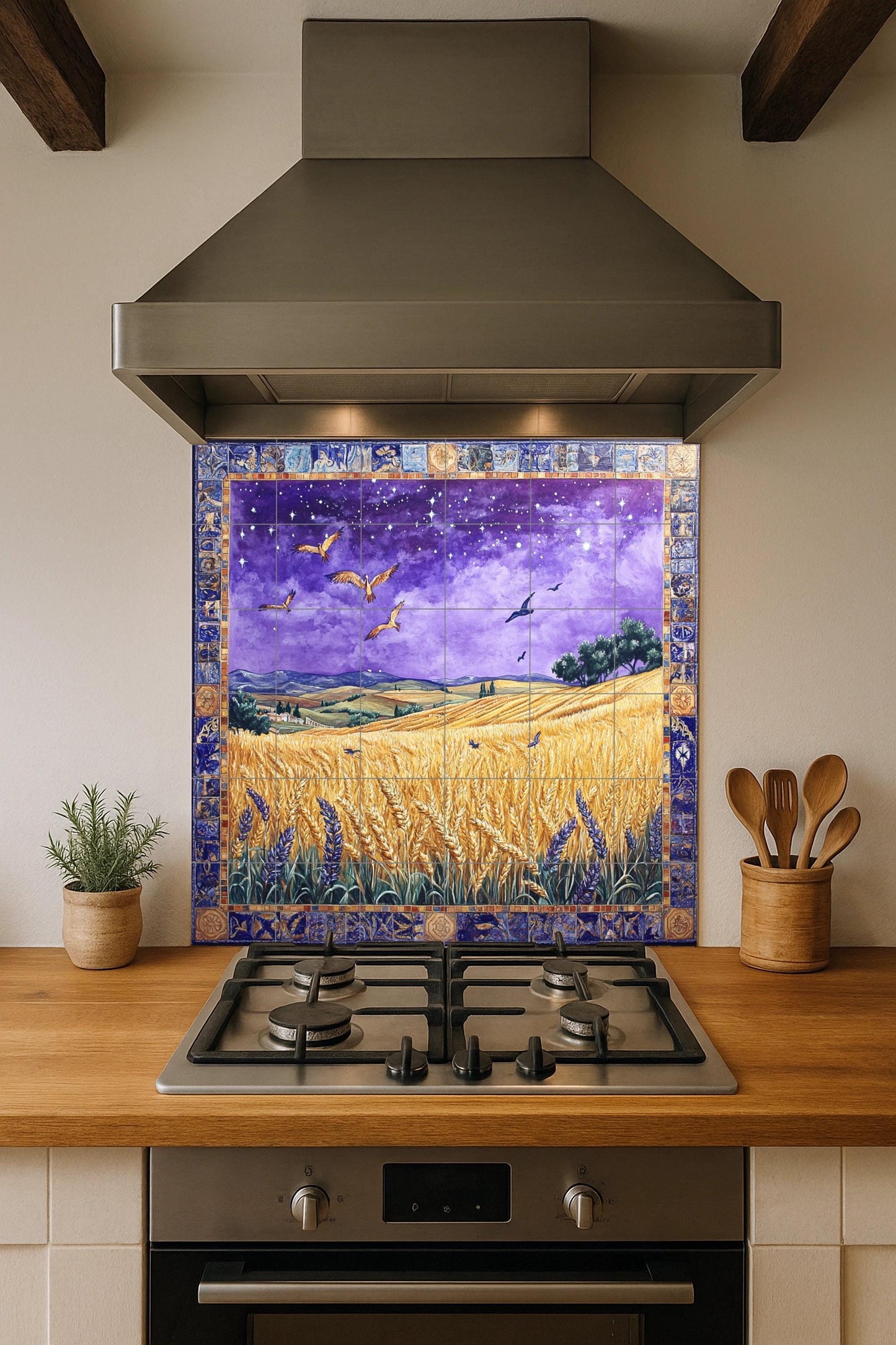 Ceramic mural of a wheat field on a starry night: mosaic of the golden harvest with birds in flight, purple sky, ornamental border and countryside landscape.