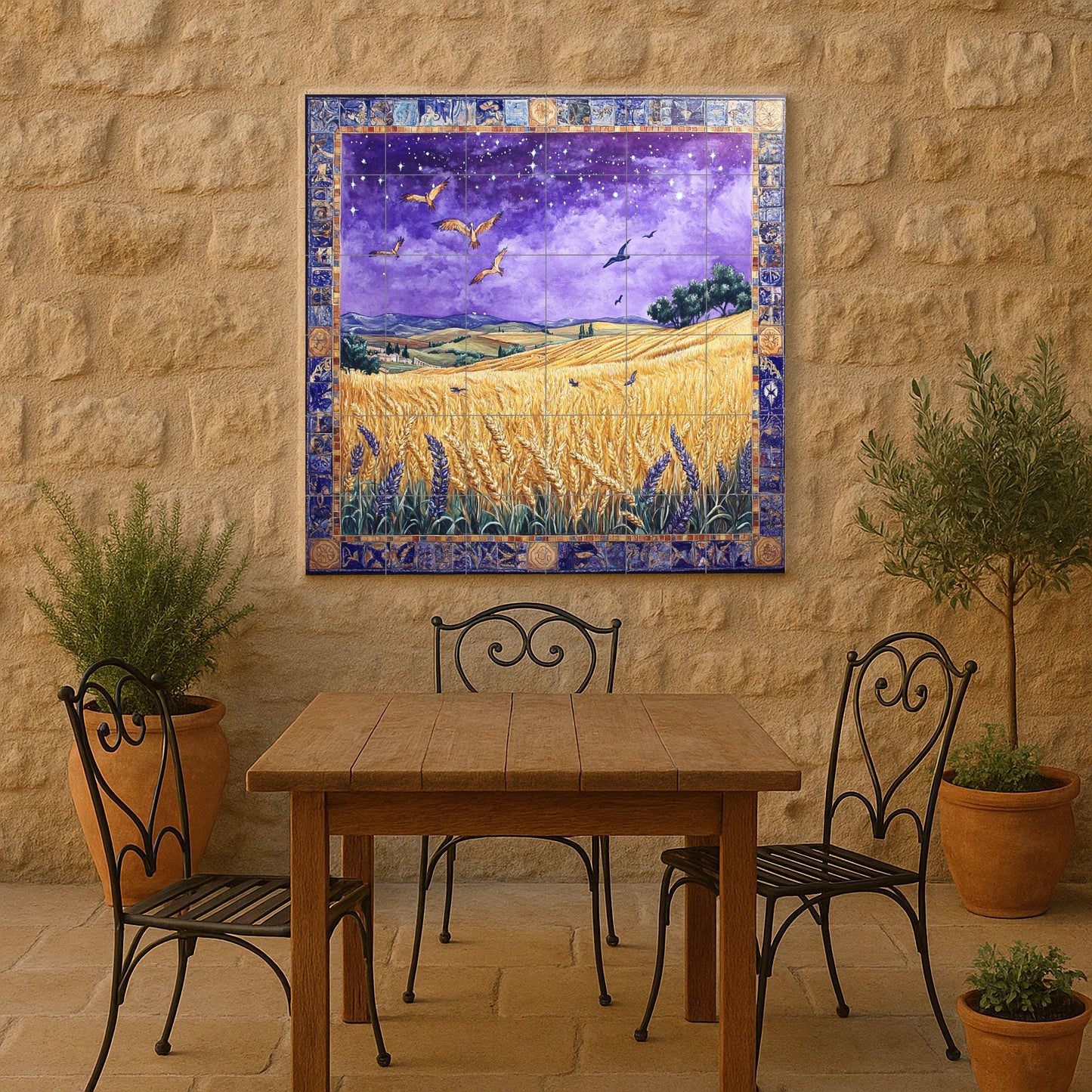 Ceramic mural of a wheat field on a starry night: mosaic of the golden harvest with birds in flight, purple sky, ornamental border and countryside landscape.