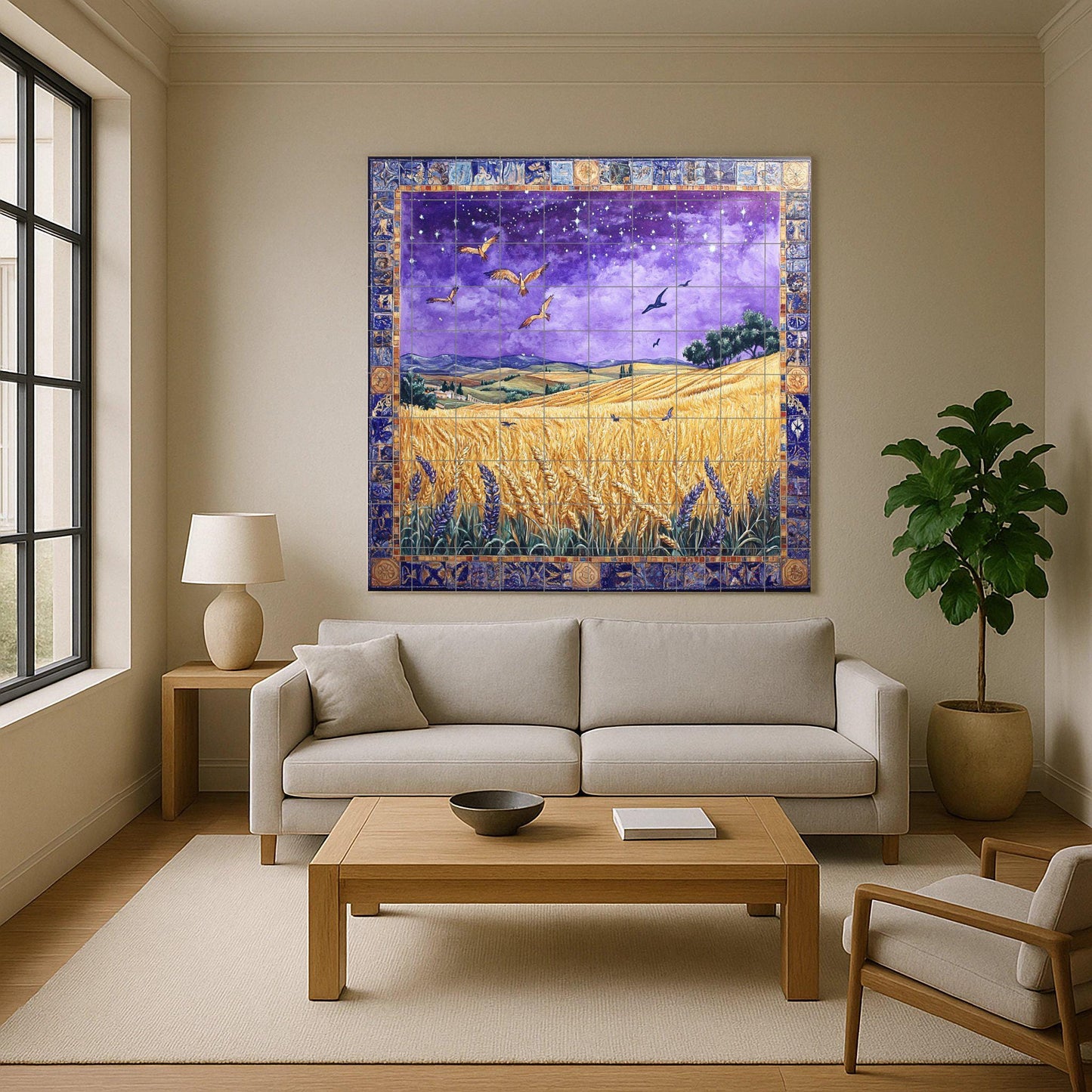 Ceramic mural of a wheat field on a starry night: mosaic of the golden harvest with birds in flight, purple sky, ornamental border and countryside landscape.