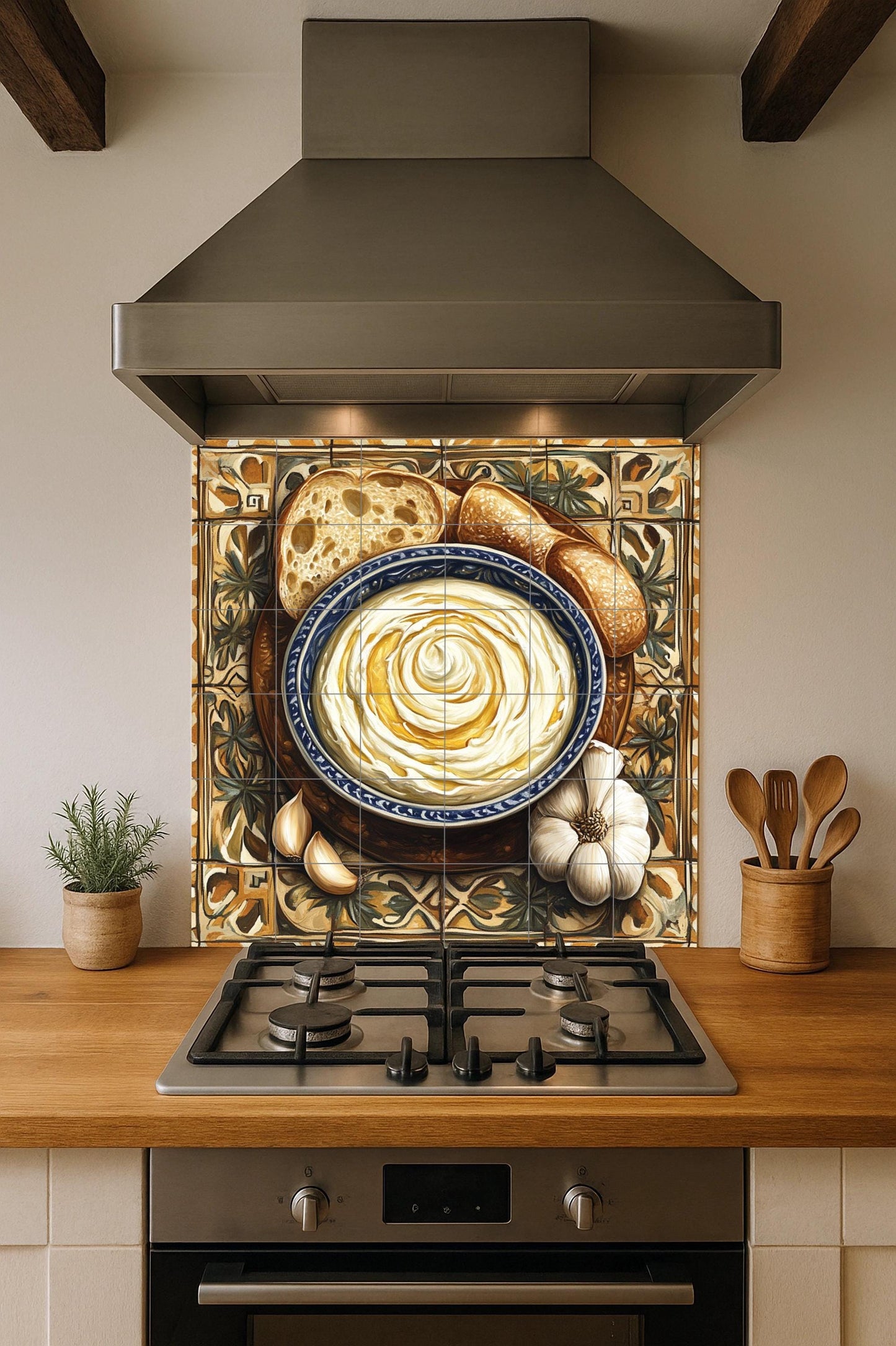 Alioli Catalán ceramic mural: Mediterranean mosaic of garlic and olive oil with rustic bread, decorative tiles and culinary artwork.