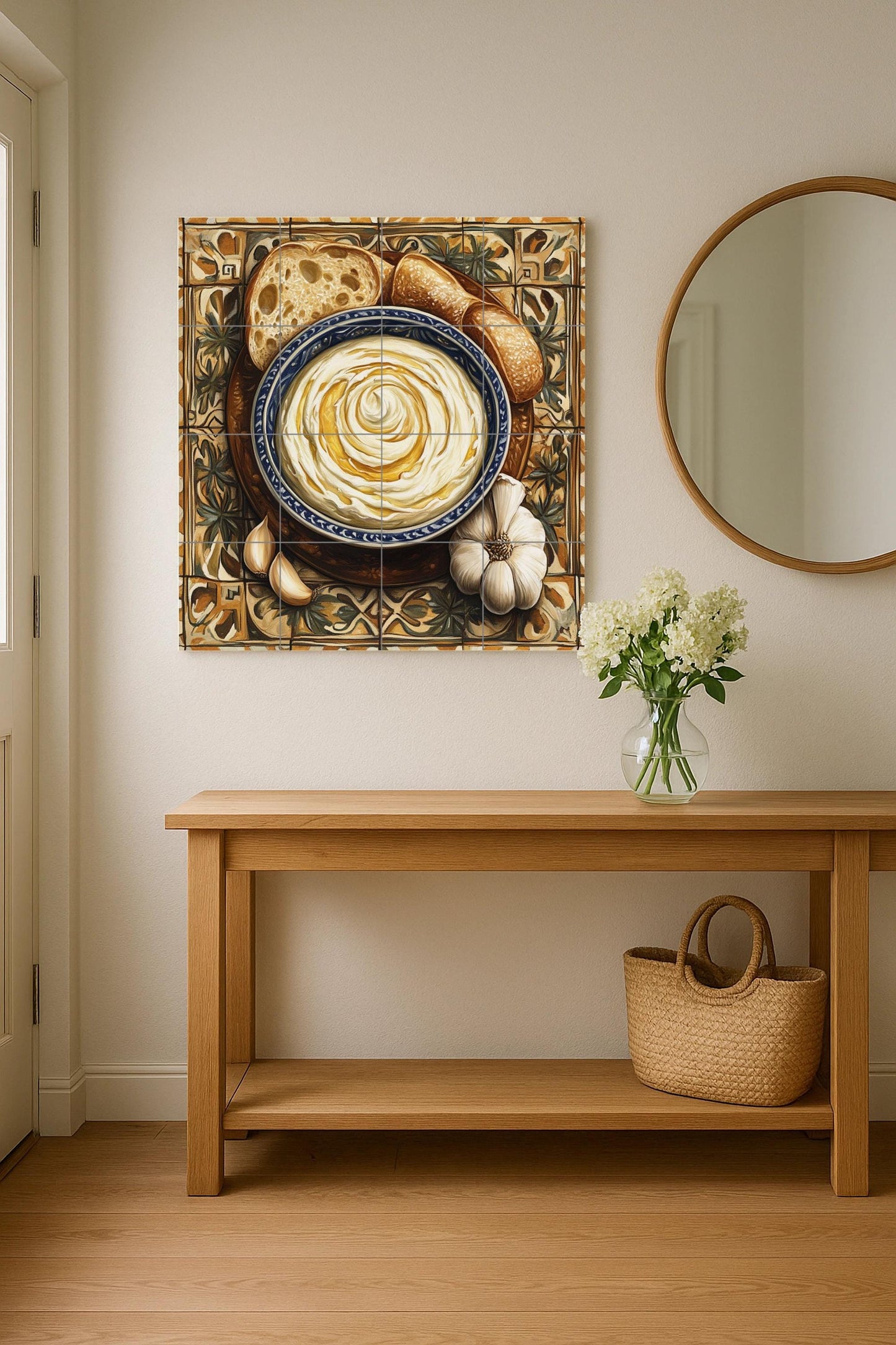 Alioli Catalán ceramic mural: Mediterranean mosaic of garlic and olive oil with rustic bread, decorative tiles and culinary artwork.