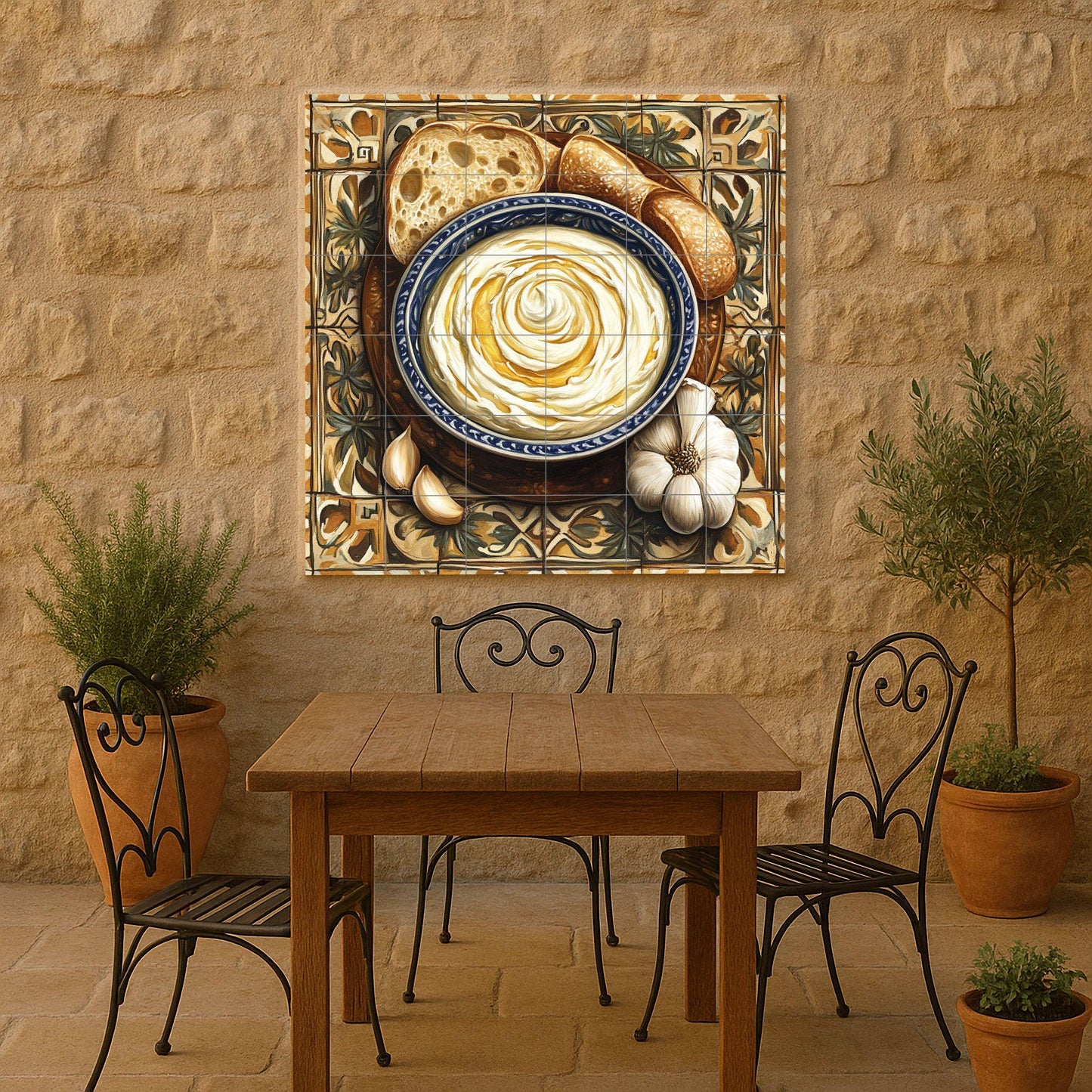 Alioli Catalán ceramic mural: Mediterranean mosaic of garlic and olive oil with rustic bread, decorative tiles and culinary artwork.