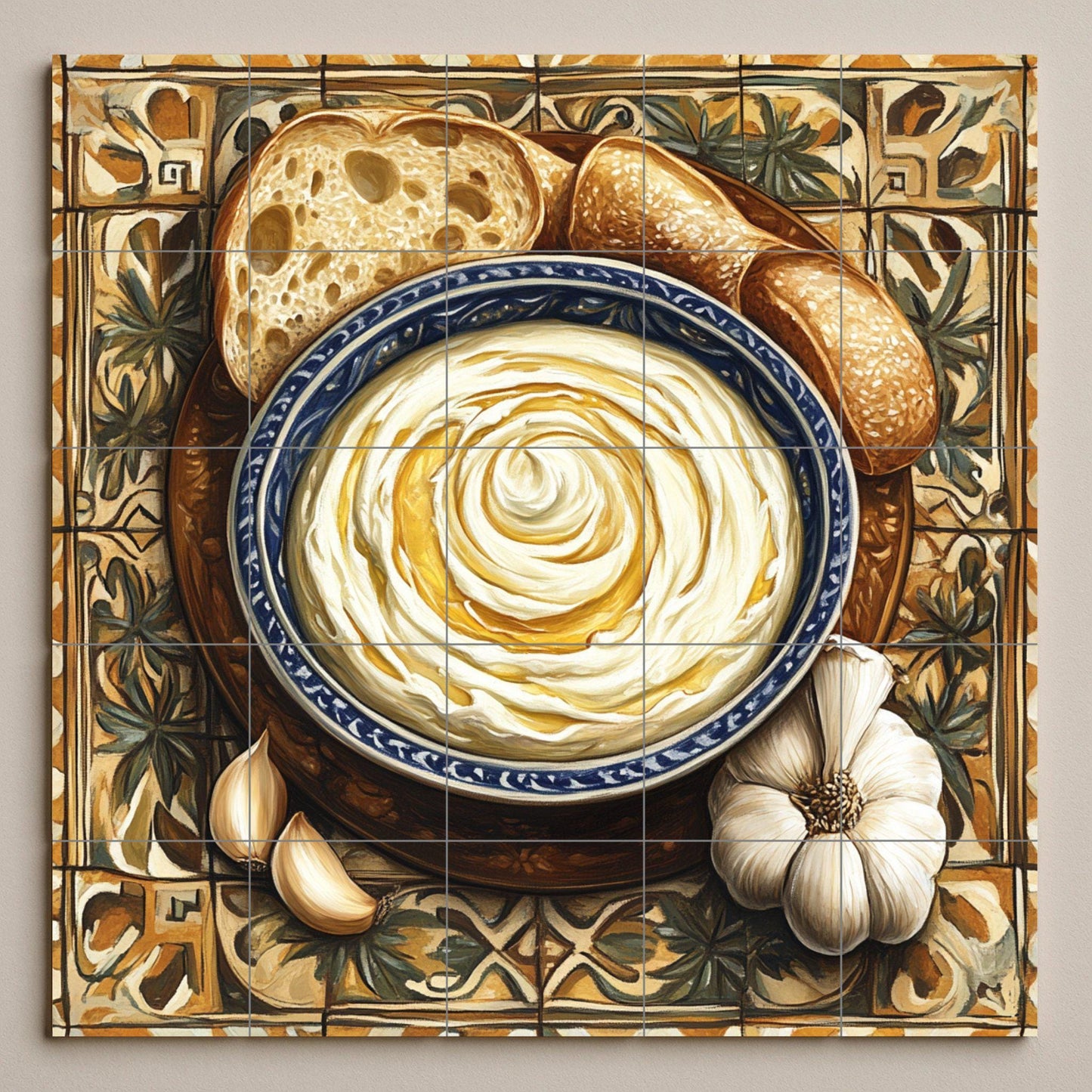 Alioli Catalán ceramic mural: Mediterranean mosaic of garlic and olive oil with rustic bread, decorative tiles and culinary artwork.