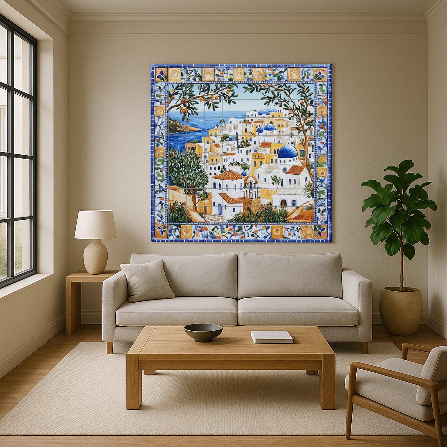 Symi ceramic mural: mosaic of a Mediterranean village with blue domes, sea horizon, olive trees, citrus border and coastal architecture tiles.