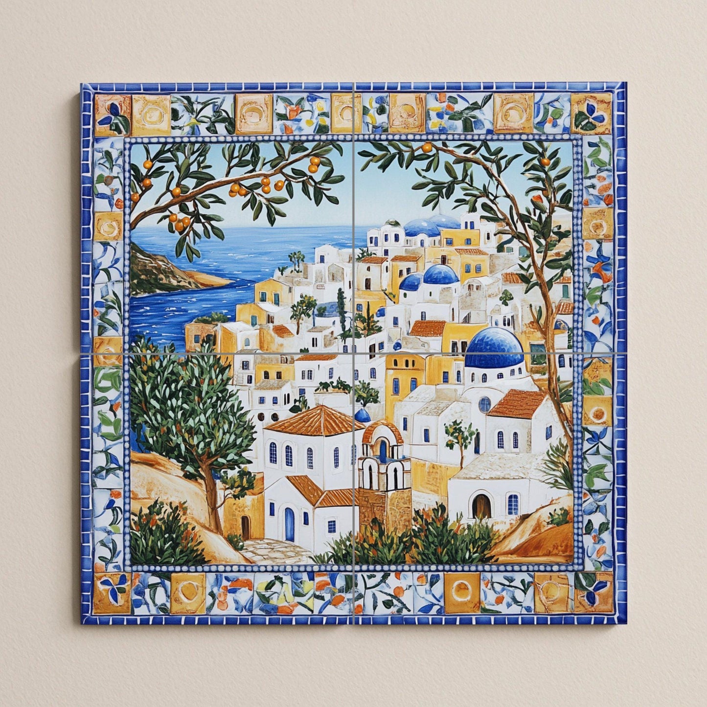 Symi ceramic mural: mosaic of a Mediterranean village with blue domes, sea horizon, olive trees, citrus border and coastal architecture tiles.
