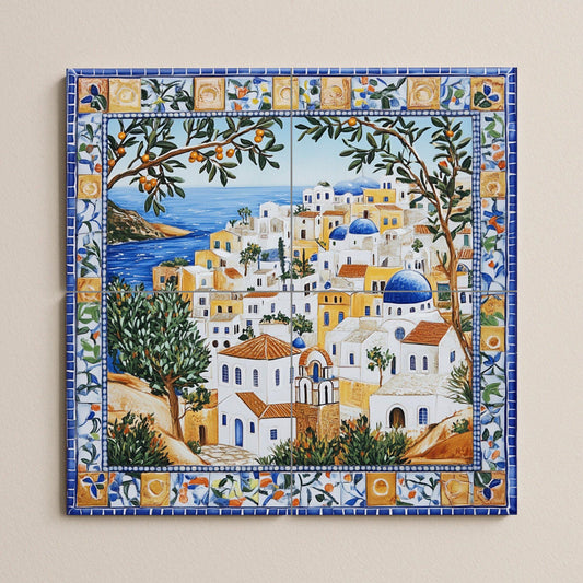 Symi ceramic mural: mosaic of a Mediterranean village with blue domes, sea horizon, olive trees, citrus border and coastal architecture tiles.