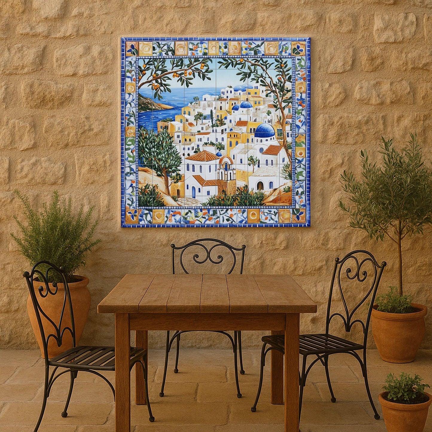 Symi ceramic mural: mosaic of a Mediterranean village with blue domes, sea horizon, olive trees, citrus border and coastal architecture tiles.
