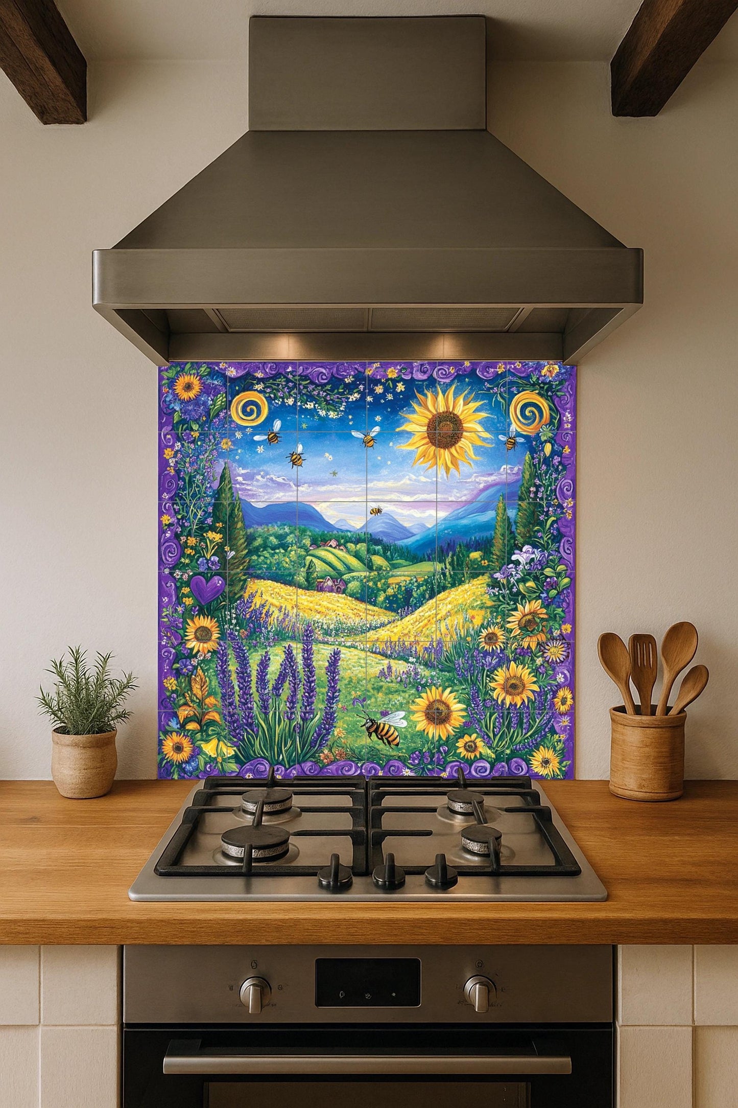 Ceramic mural of sunflowers and bees: vibrant meadow mosaic with lavender fields, golden hills, blooming flowers and an enchanted landscape.