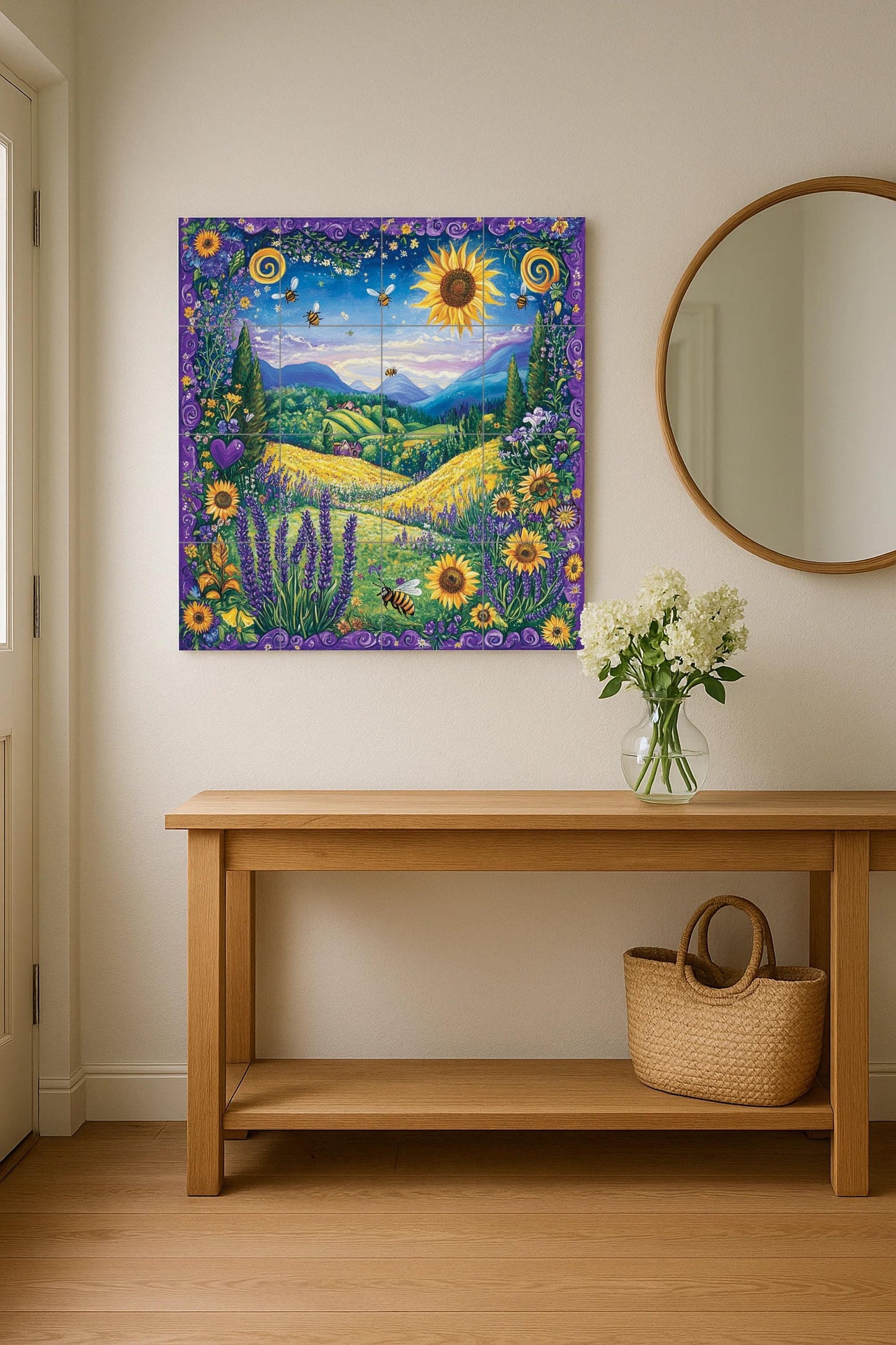 Ceramic mural of sunflowers and bees: vibrant meadow mosaic with lavender fields, golden hills, blooming flowers and an enchanted landscape.