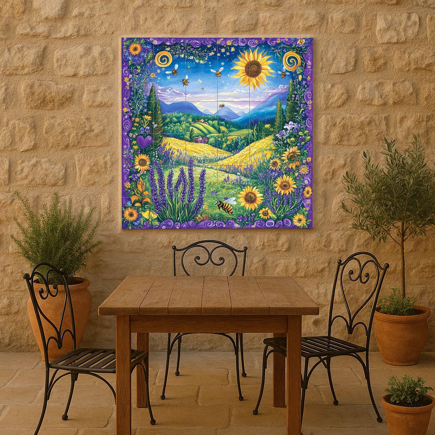 Ceramic mural of sunflowers and bees: vibrant meadow mosaic with lavender fields, golden hills, blooming flowers and an enchanted landscape.