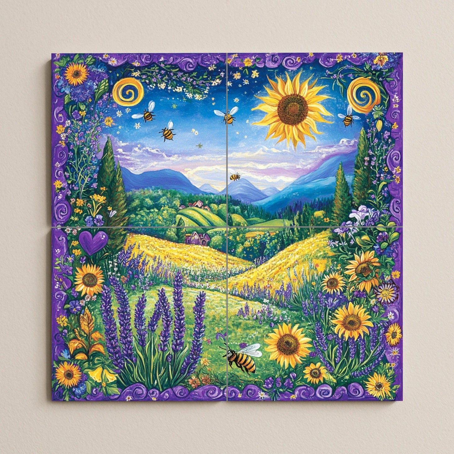 Ceramic mural of sunflowers and bees: vibrant meadow mosaic with lavender fields, golden hills, blooming flowers and an enchanted landscape.
