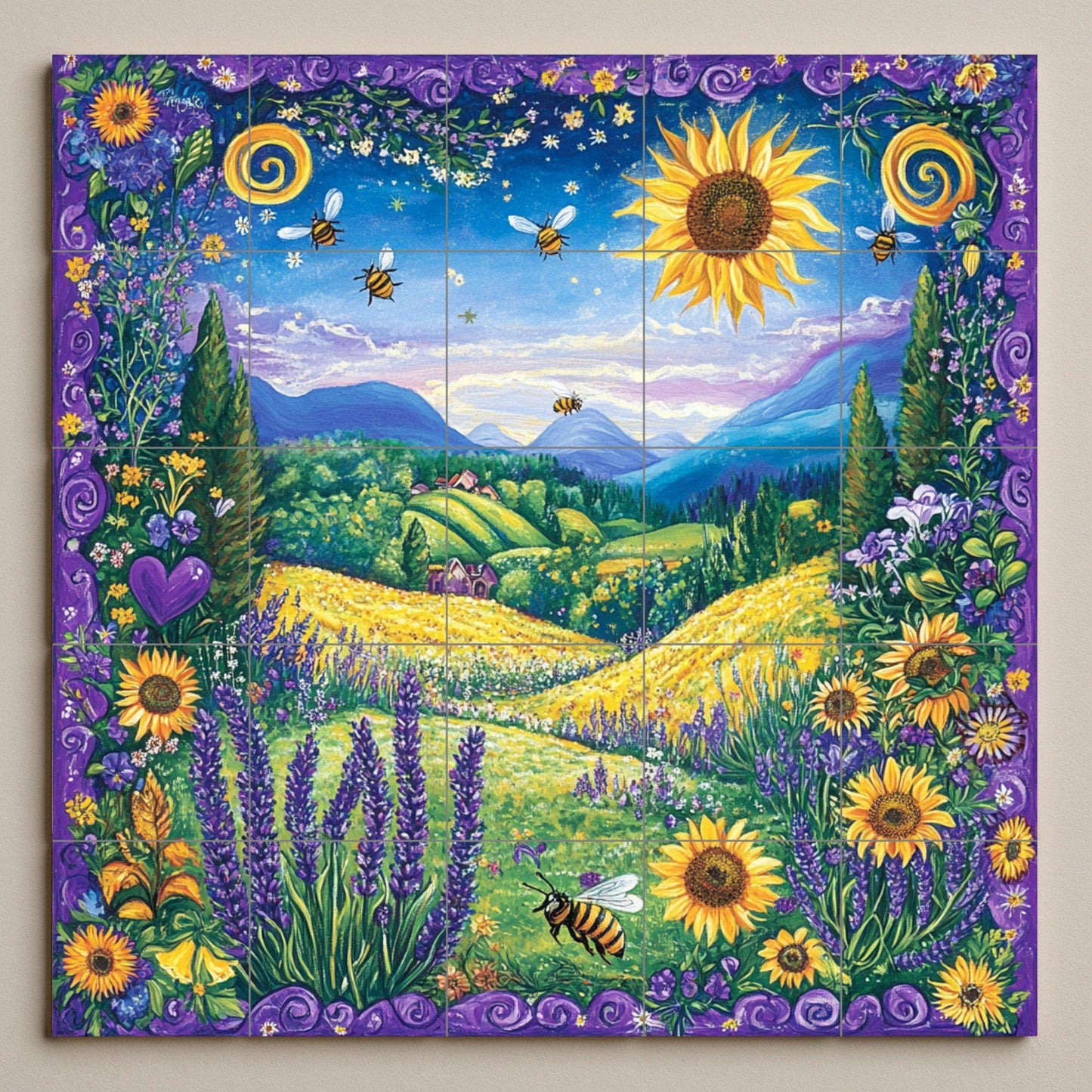 Ceramic mural of sunflowers and bees: vibrant meadow mosaic with lavender fields, golden hills, blooming flowers and an enchanted landscape.