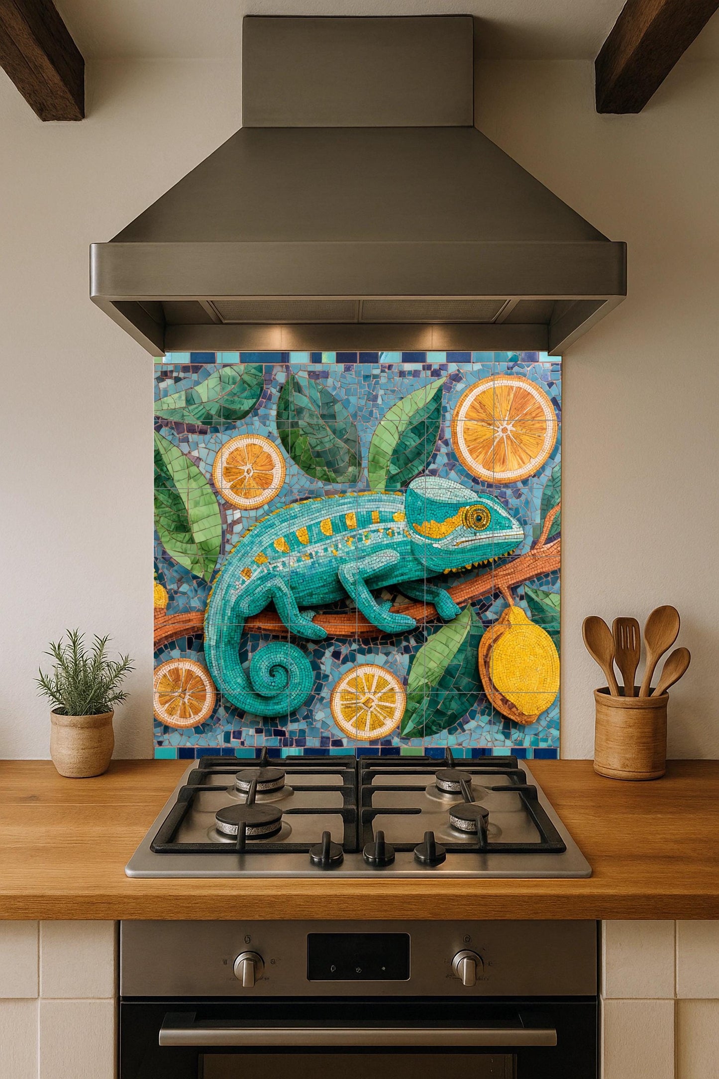 Chameleon mosaic ceramic mural: Exotic reptile artwork featuring citrus oranges, lemons, botanical leaves, and colorful tile designs.