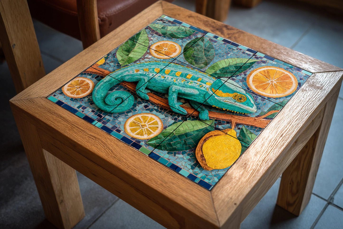 Chameleon mosaic ceramic mural: Exotic reptile artwork featuring citrus oranges, lemons, botanical leaves, and colorful tile designs.