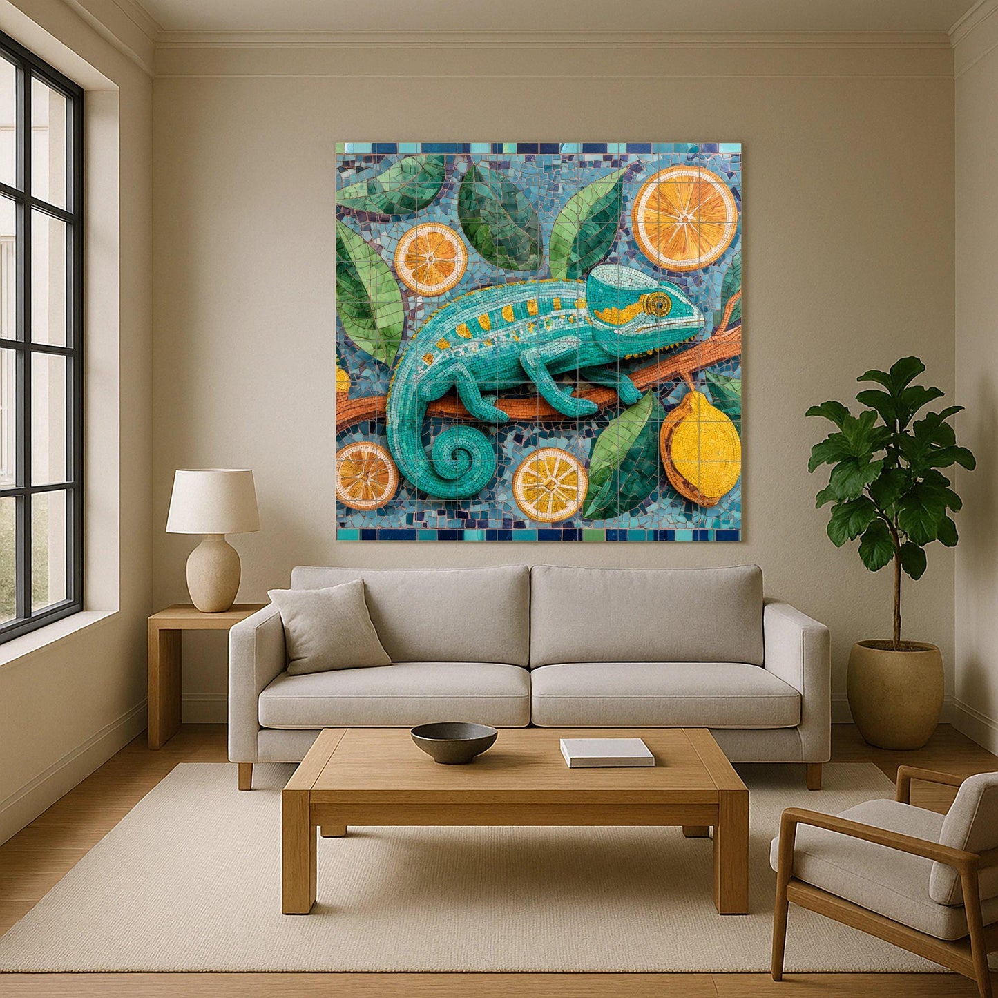 Chameleon mosaic ceramic mural: Exotic reptile artwork featuring citrus oranges, lemons, botanical leaves, and colorful tile designs.
