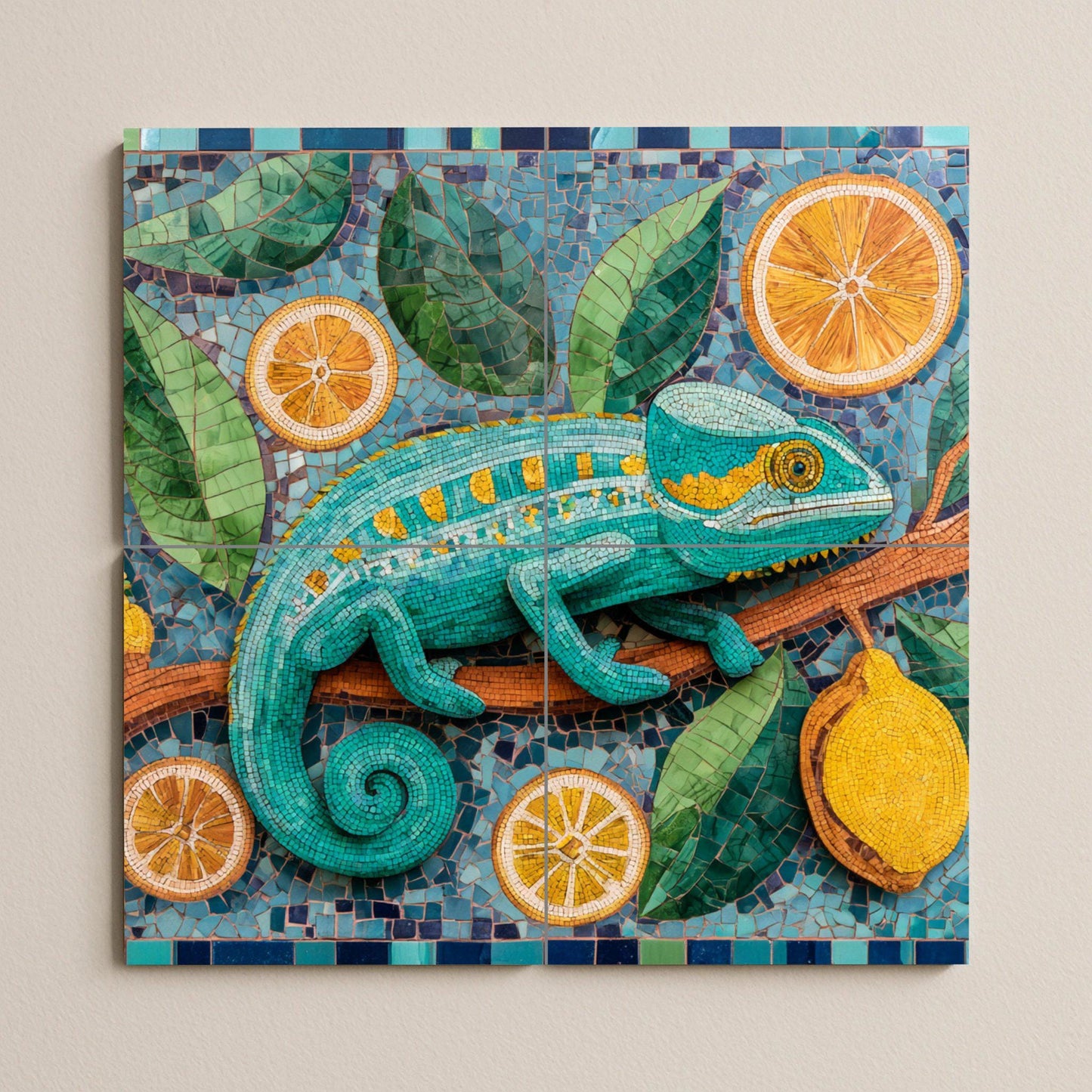 Chameleon mosaic ceramic mural: Exotic reptile artwork featuring citrus oranges, lemons, botanical leaves, and colorful tile designs.