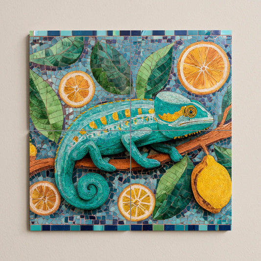 Chameleon mosaic ceramic mural: Exotic reptile artwork featuring citrus oranges, lemons, botanical leaves, and colorful tile designs.