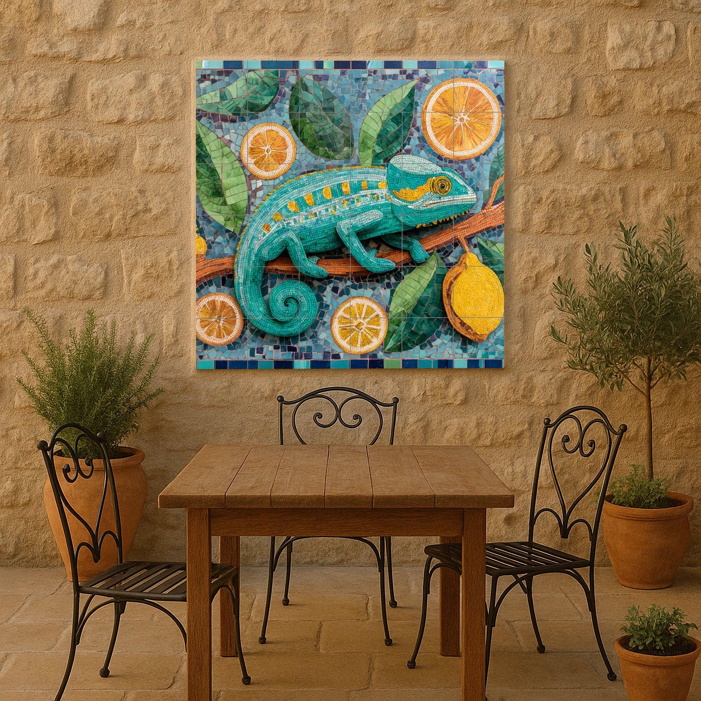 Chameleon mosaic ceramic mural: Exotic reptile artwork featuring citrus oranges, lemons, botanical leaves, and colorful tile designs.