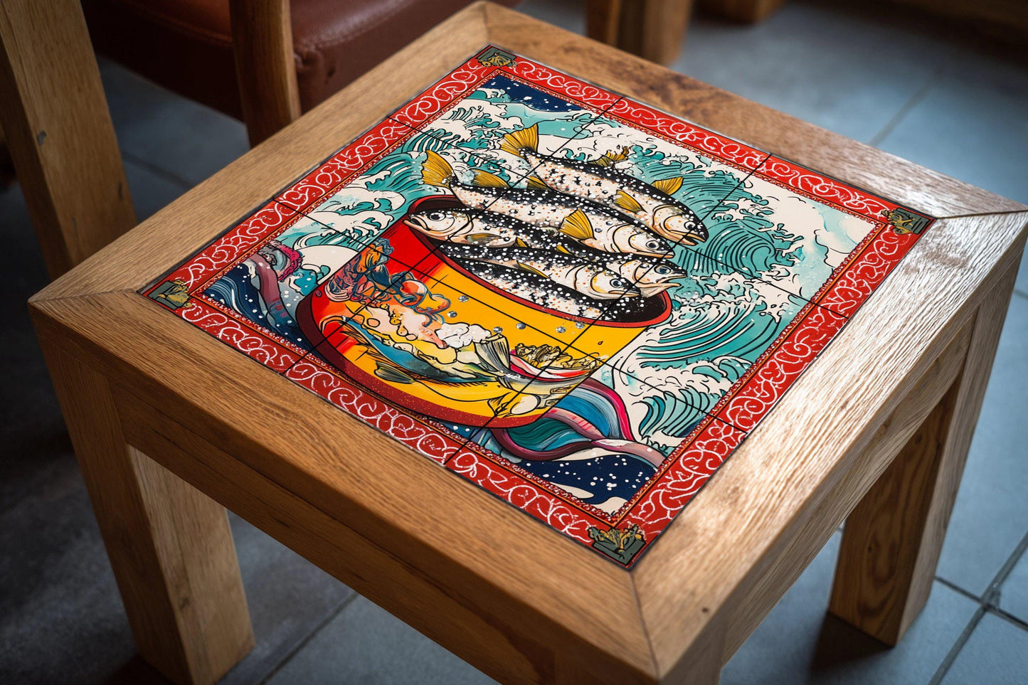 Ceramic tile mural with stylized fish in red pots, breaking waves, border inspired by Japanese ukiyo-e, bold nautical wall art decorative panel