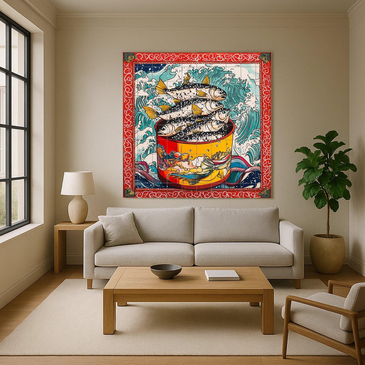 Ceramic tile mural with stylized fish in red pots, breaking waves, border inspired by Japanese ukiyo-e, bold nautical wall art decorative panel