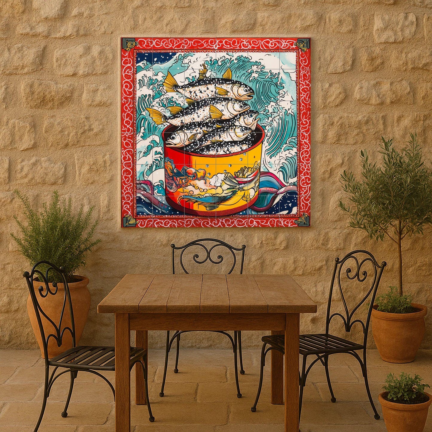 Ceramic tile mural with stylized fish in red pots, breaking waves, border inspired by Japanese ukiyo-e, bold nautical wall art decorative panel