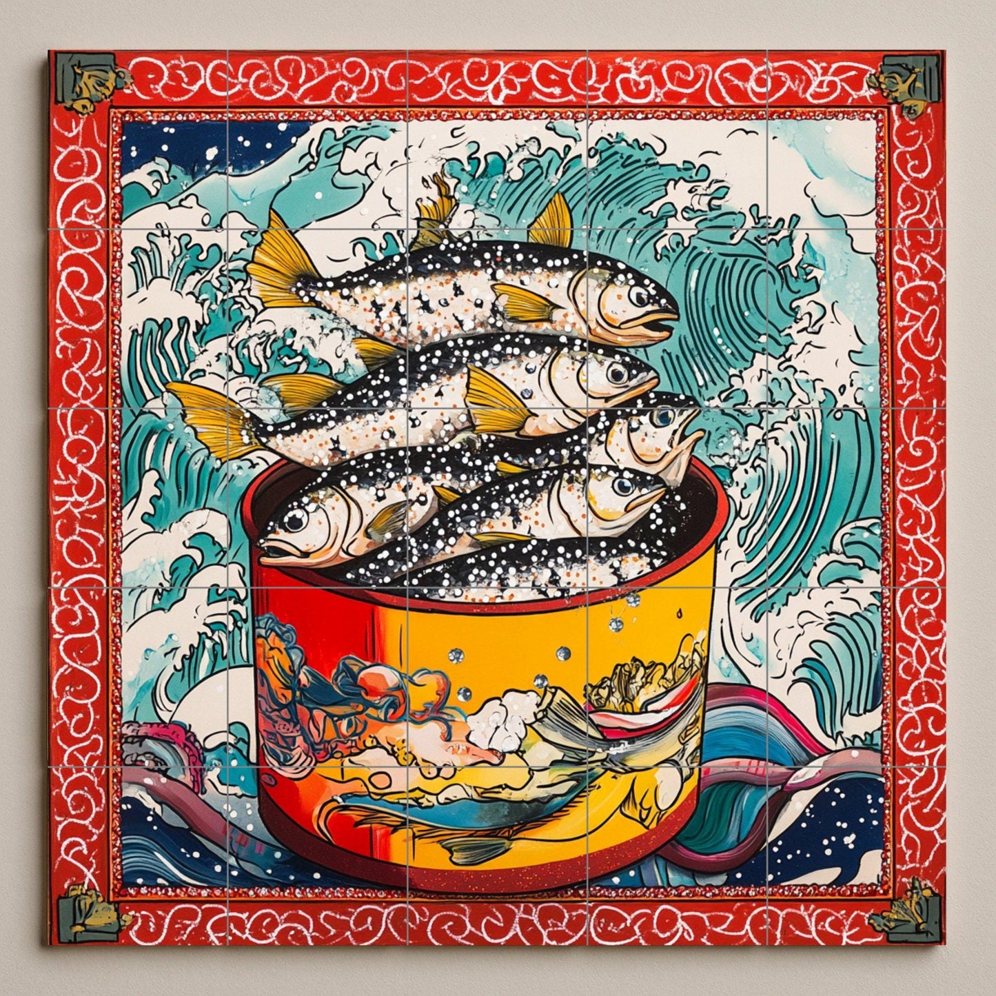Ceramic tile mural with stylized fish in red pots, breaking waves, border inspired by Japanese ukiyo-e, bold nautical wall art decorative panel