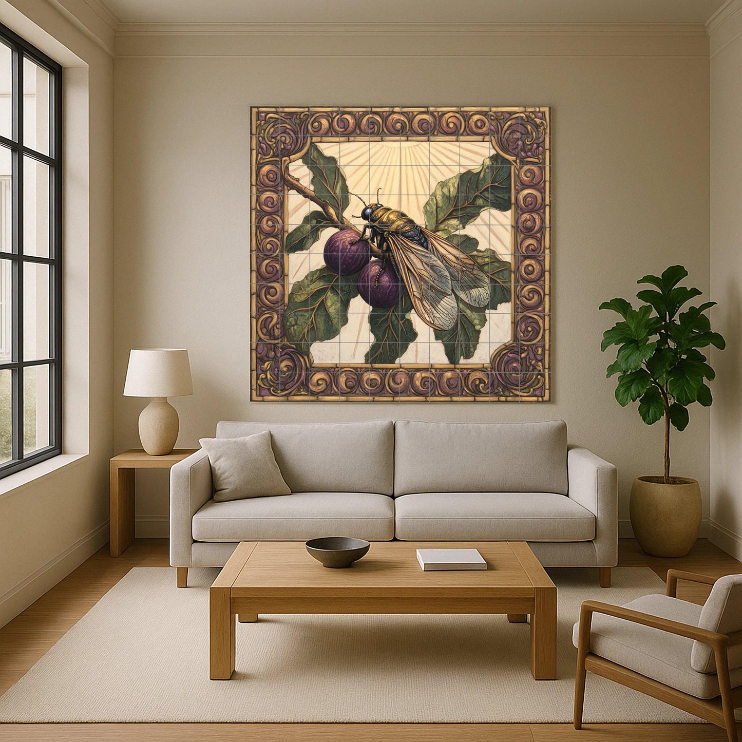 Ceramic tile mural with purple figs, Mediterranean fig wasp design, ornate Renaissance border, handmade decorative panel with symbolic botanical art for wall.