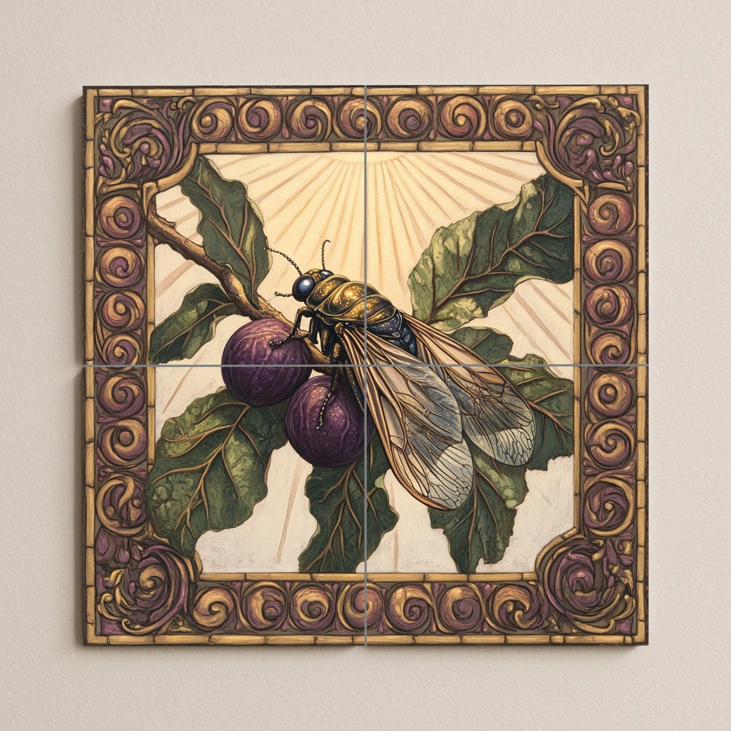 Ceramic tile mural with purple figs, Mediterranean fig wasp design, ornate Renaissance border, handmade decorative panel with symbolic botanical art for wall.