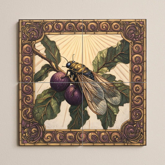 Ceramic tile mural with purple figs, Mediterranean fig wasp design, ornate Renaissance border, handmade decorative panel with symbolic botanical art for wall.
