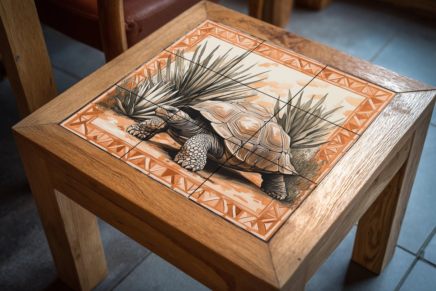 Desert tortoise ceramic tile mural with agave plants, geometric terracotta border, Southwest wildlife wall art, handmade rustic panel