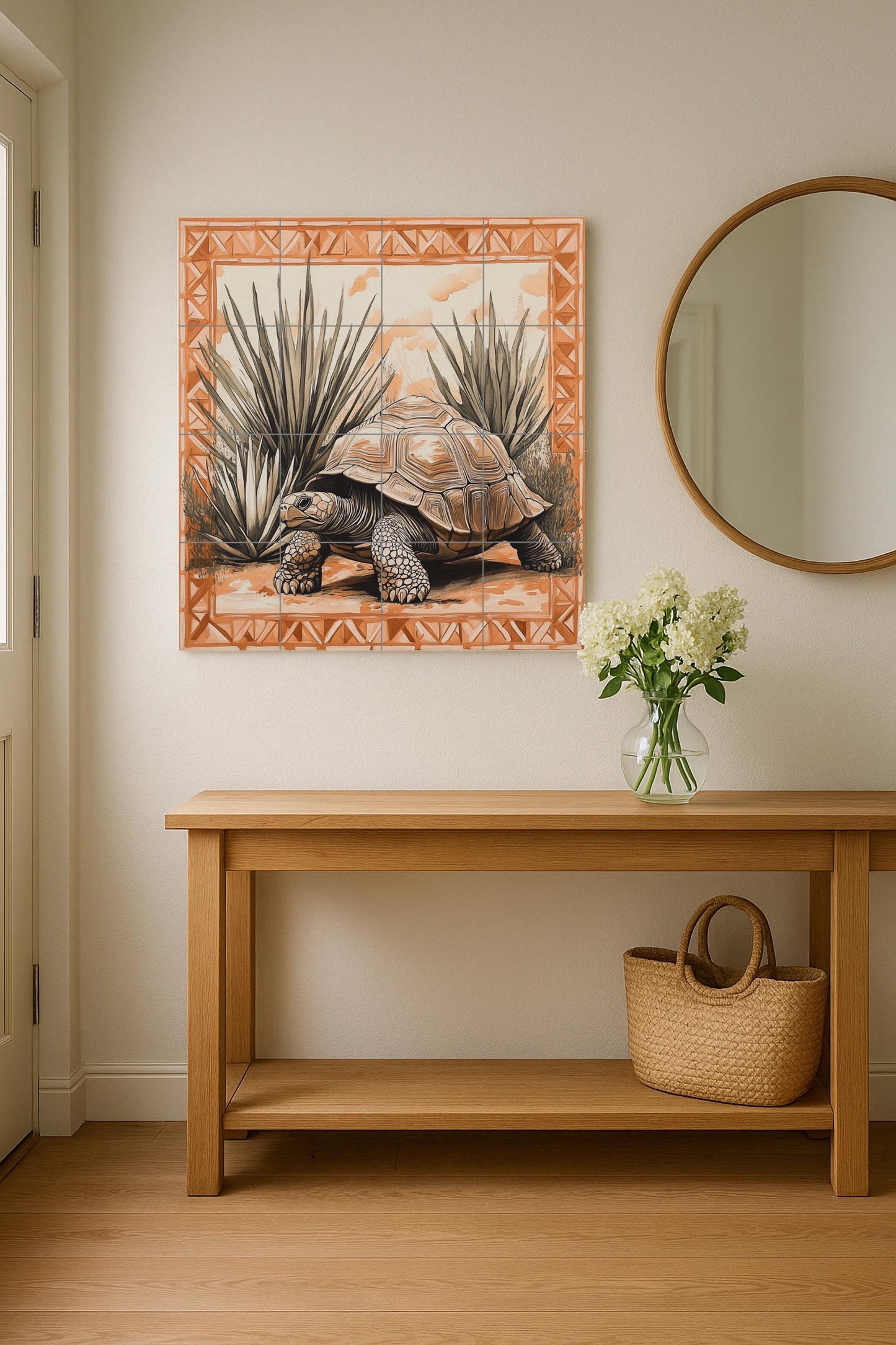 Desert tortoise ceramic tile mural with agave plants, geometric terracotta border, Southwest wildlife wall art, handmade rustic panel