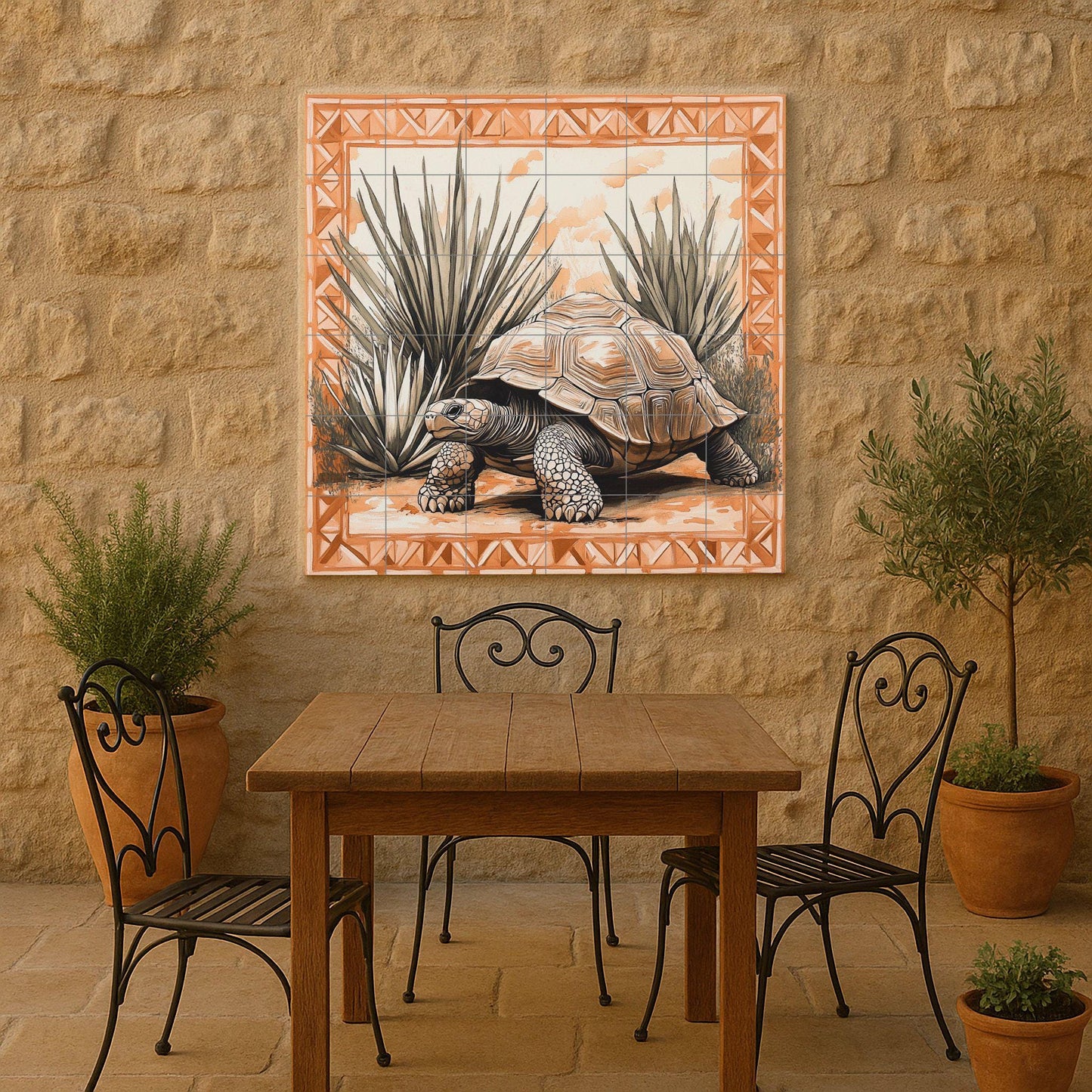 Desert tortoise ceramic tile mural with agave plants, geometric terracotta border, Southwest wildlife wall art, handmade rustic panel