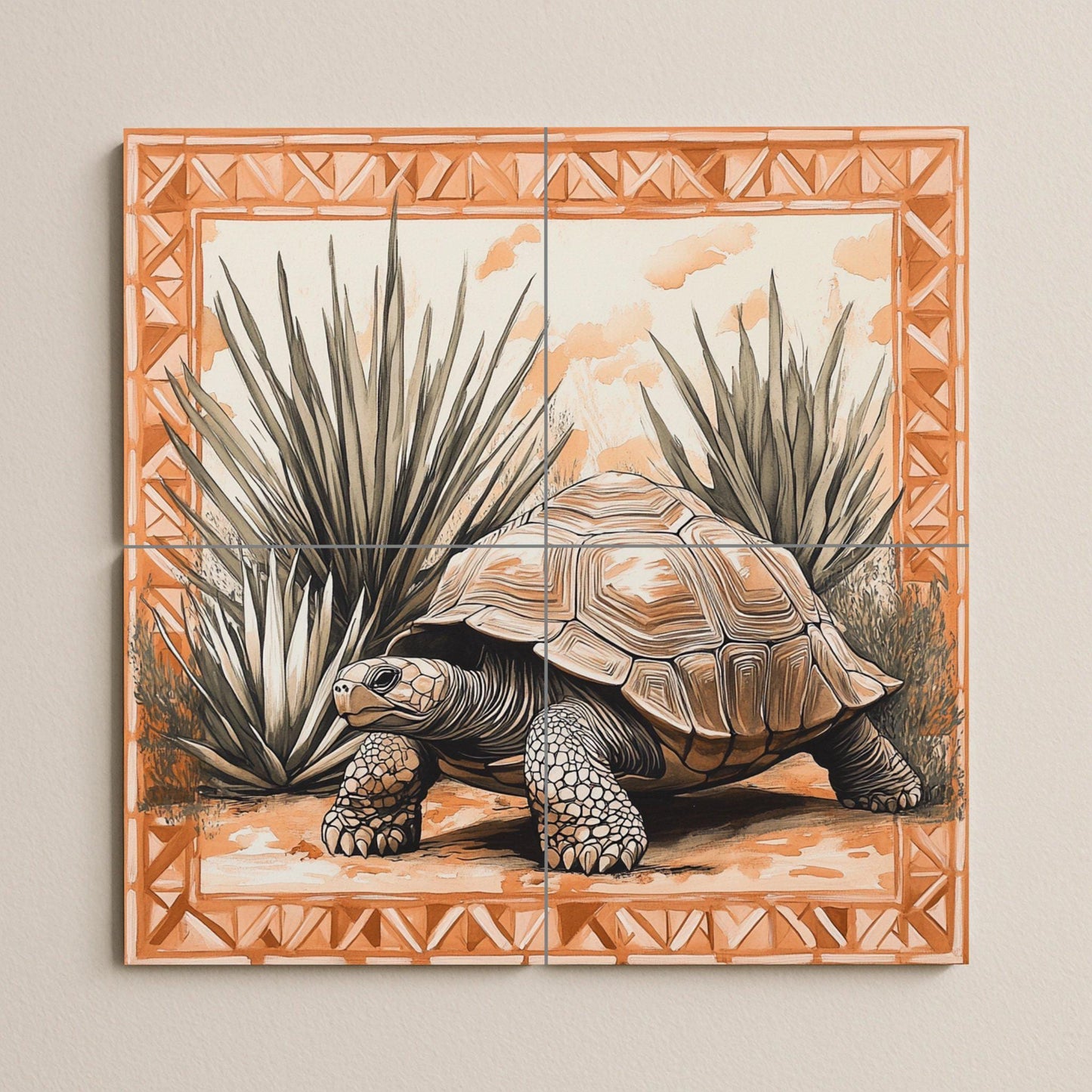 Desert tortoise ceramic tile mural with agave plants, geometric terracotta border, Southwest wildlife wall art, handmade rustic panel