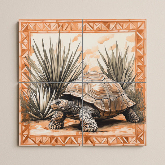 Desert tortoise ceramic tile mural with agave plants, geometric terracotta border, Southwest wildlife wall art, handmade rustic panel