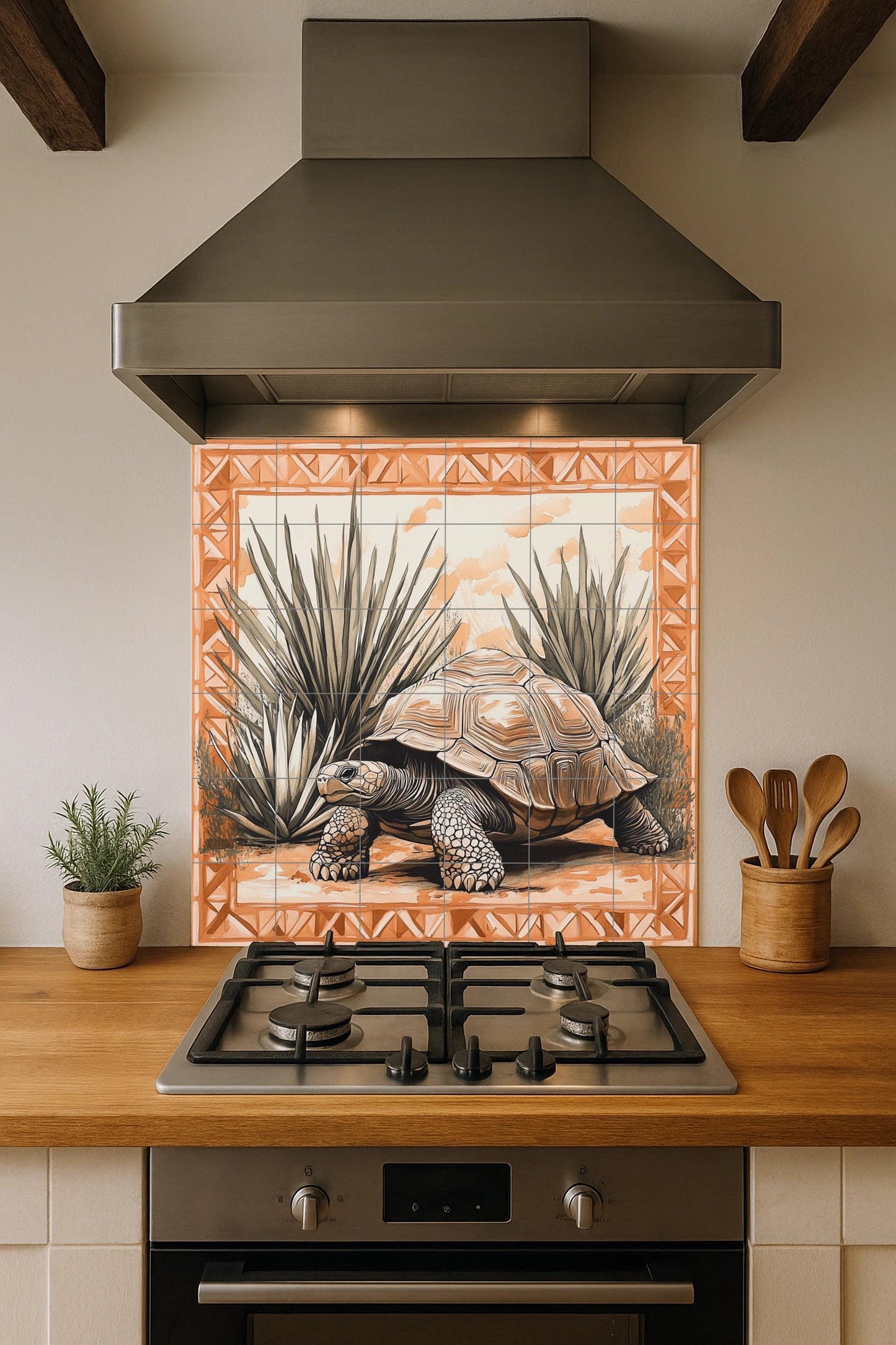 Desert tortoise ceramic tile mural with agave plants, geometric terracotta border, Southwest wildlife wall art, handmade rustic panel