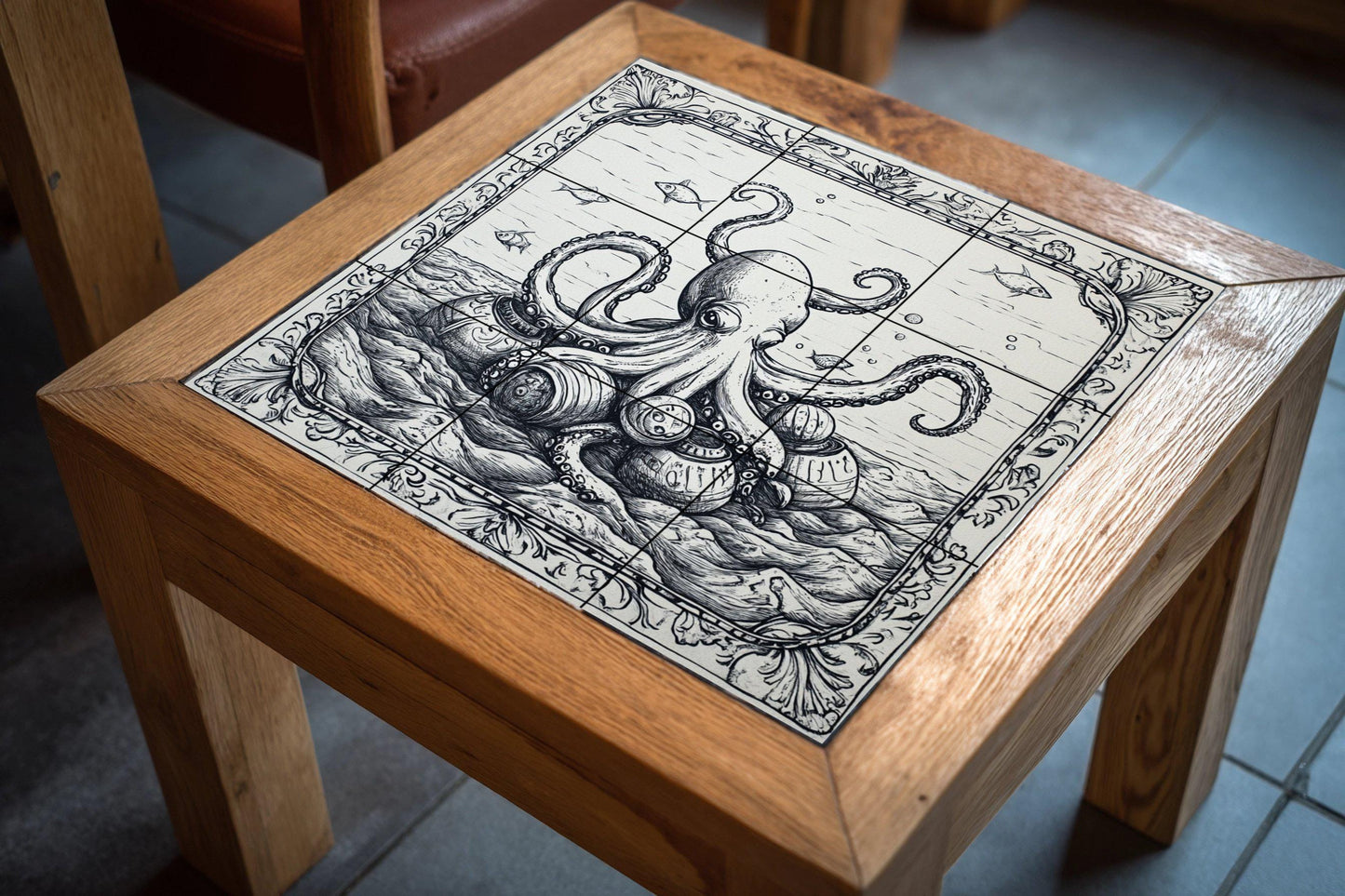 Nautical octopus and vintage barrel ceramic tile mural, monochromatic maritime engraving style, coastal art decorative panel for wall backsplash.