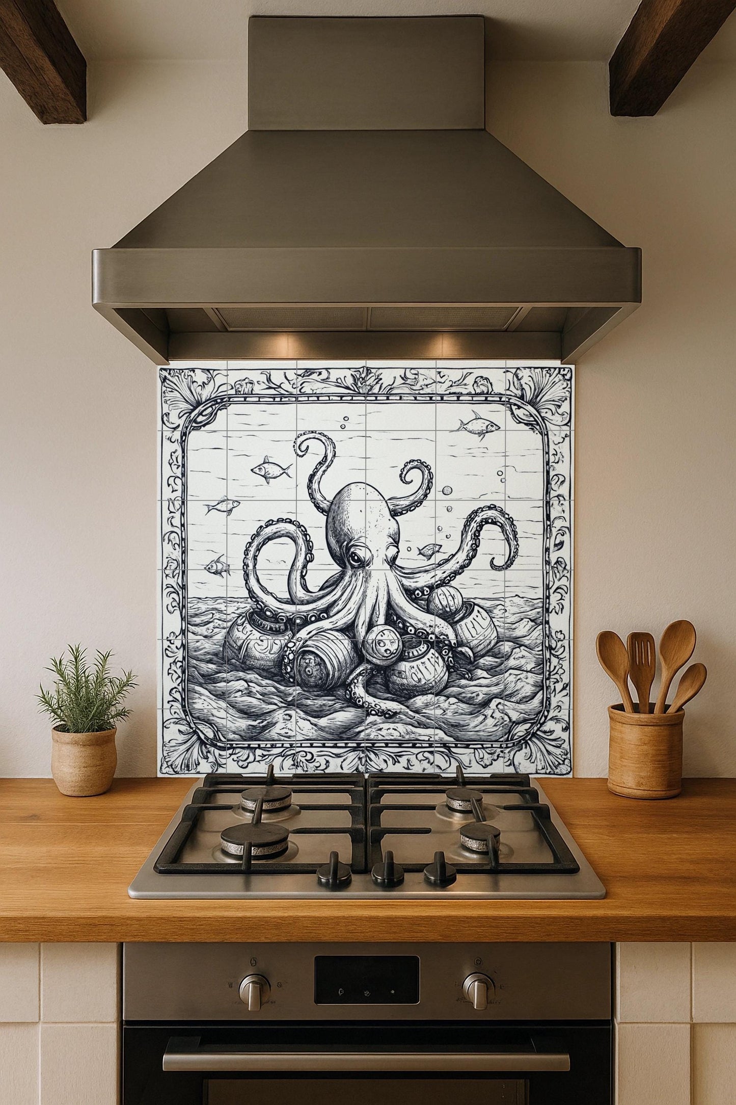 Nautical octopus and vintage barrel ceramic tile mural, monochromatic maritime engraving style, coastal art decorative panel for wall backsplash.