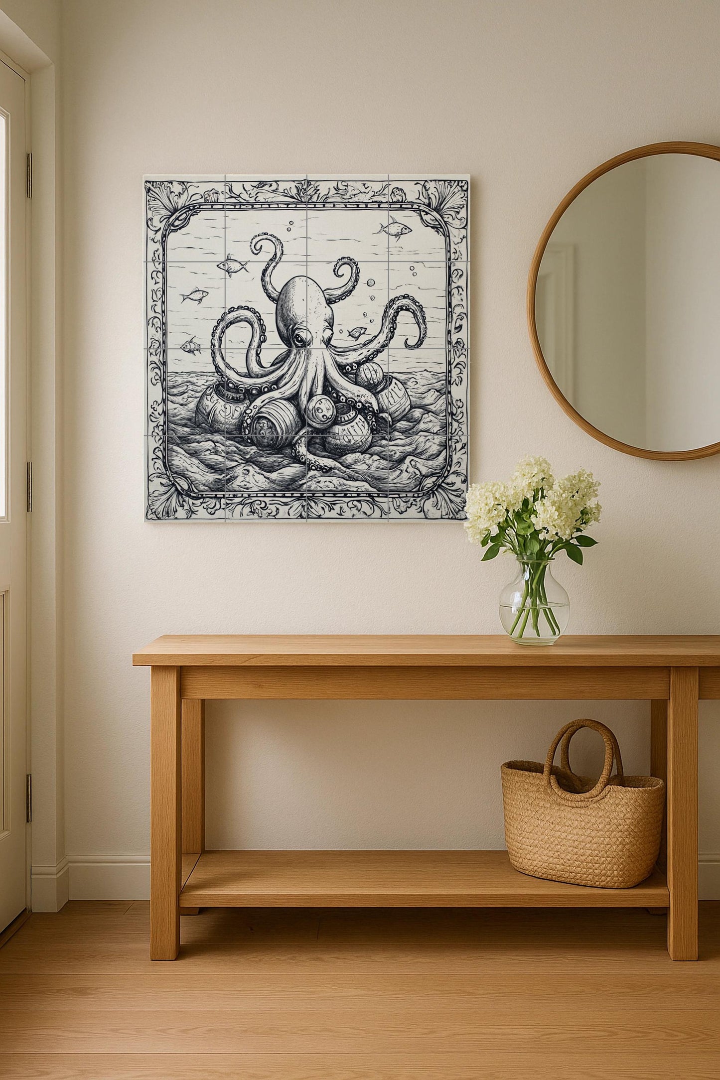 Nautical octopus and vintage barrel ceramic tile mural, monochromatic maritime engraving style, coastal art decorative panel for wall backsplash.