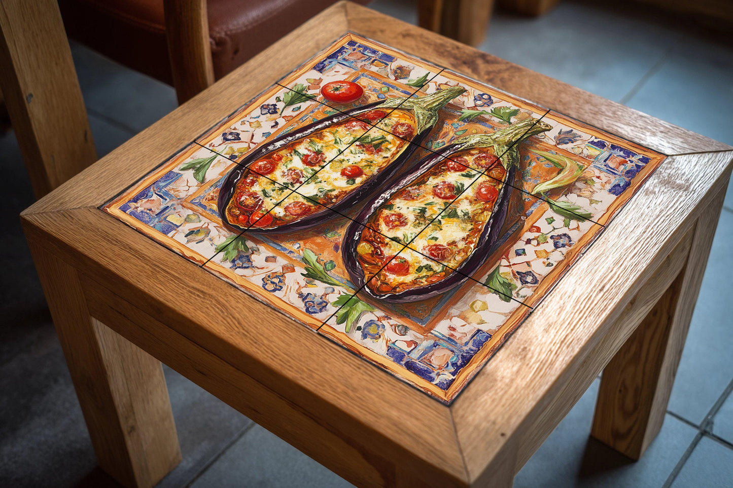 Mediterranean ceramic tile mural with baked eggplants, folk art of rustic Sicilian cuisine, tomato, garlic and cheese design, decorative panel