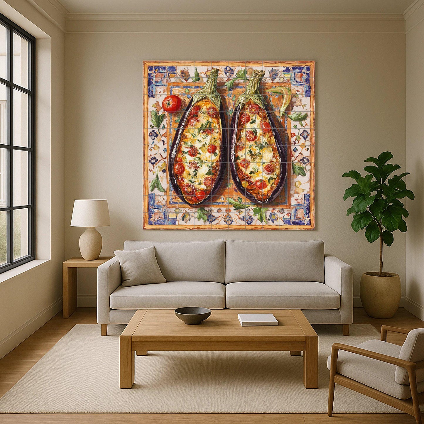 Mediterranean ceramic tile mural with baked eggplants, folk art of rustic Sicilian cuisine, tomato, garlic and cheese design, decorative panel
