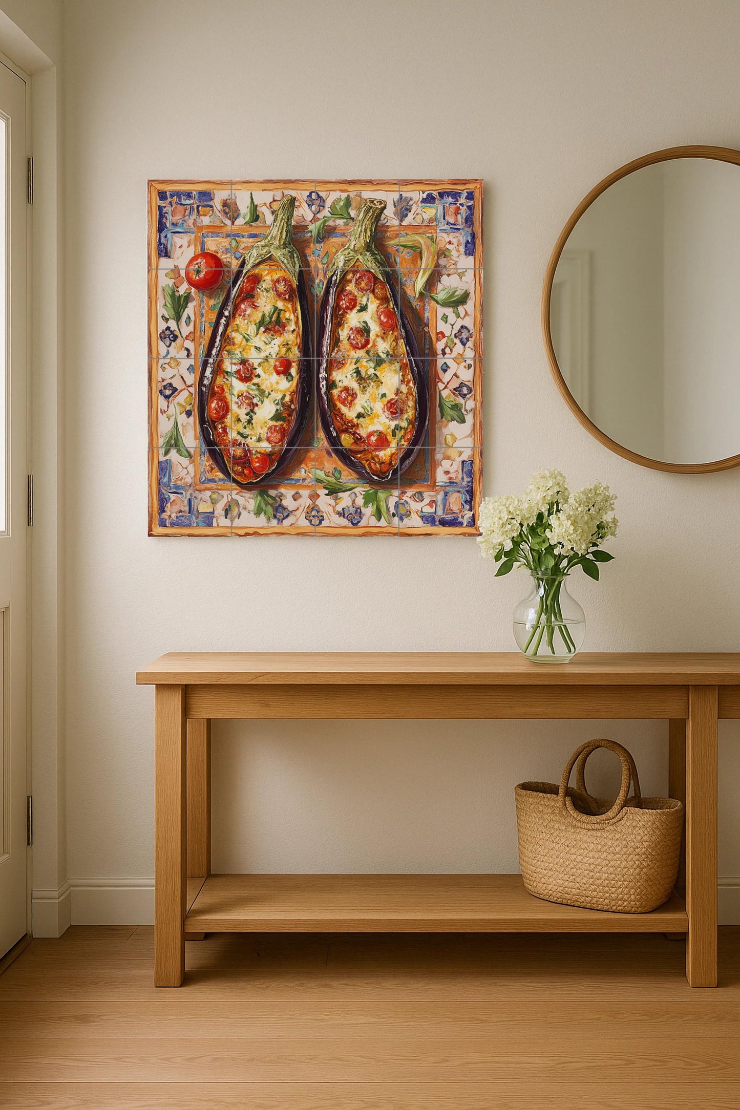 Mediterranean ceramic tile mural with baked eggplants, folk art of rustic Sicilian cuisine, tomato, garlic and cheese design, decorative panel