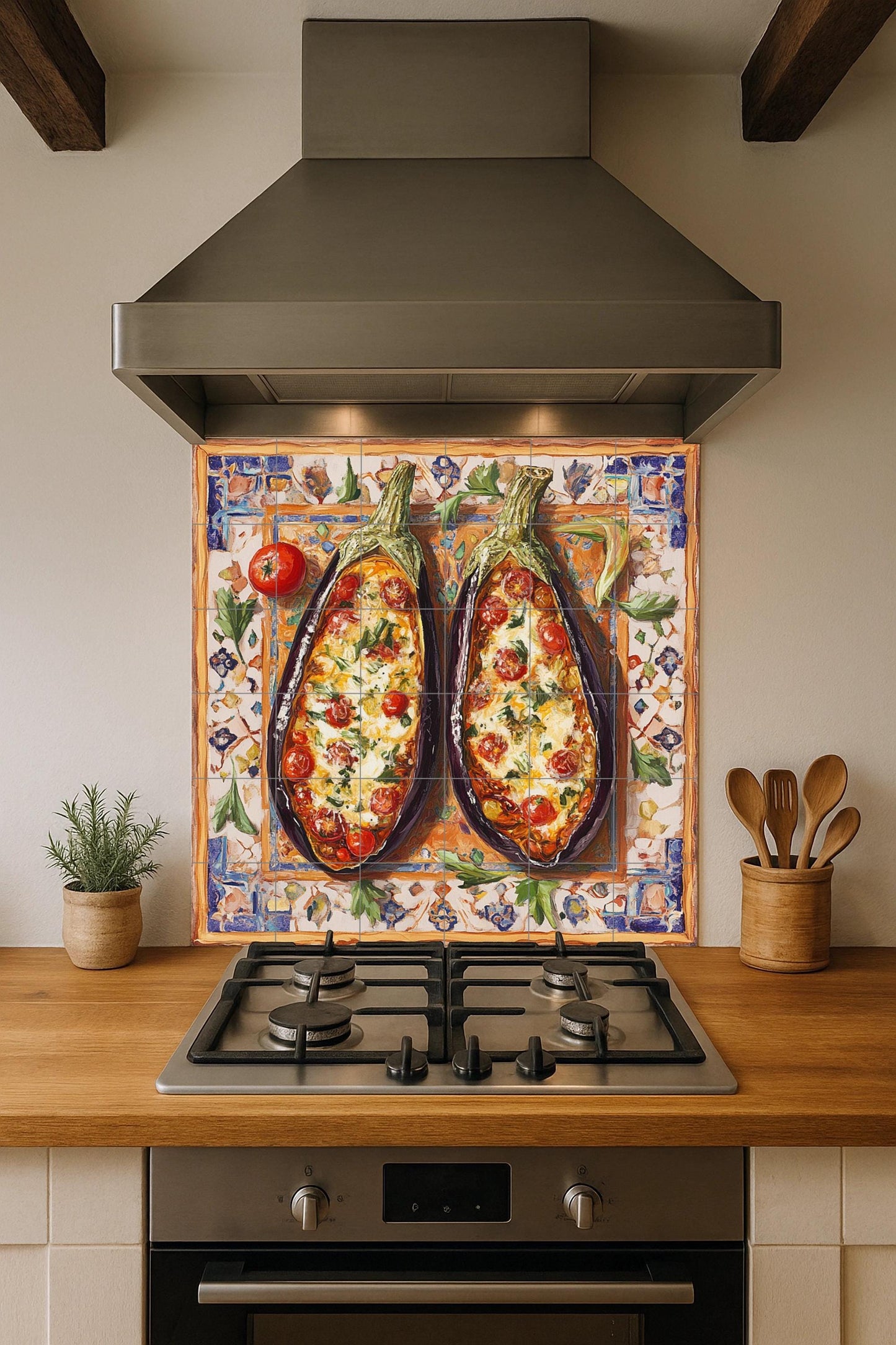 Mediterranean ceramic tile mural with baked eggplants, folk art of rustic Sicilian cuisine, tomato, garlic and cheese design, decorative panel