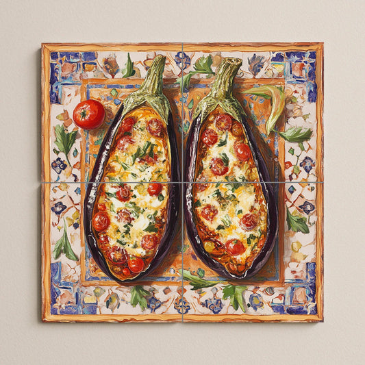 Mediterranean ceramic tile mural with baked eggplants, folk art of rustic Sicilian cuisine, tomato, garlic and cheese design, decorative panel