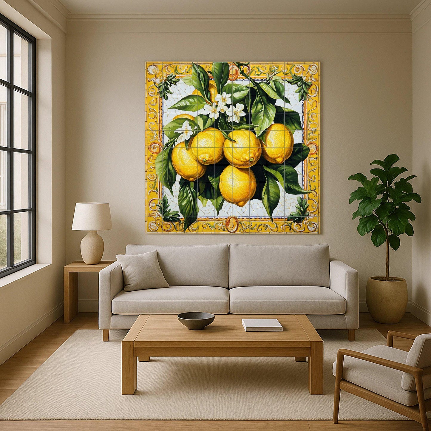 Ceramic tile mural with lemons, citrus blossoms, green leaves and a decorative wall art panel with fruit and ornate yellow border.