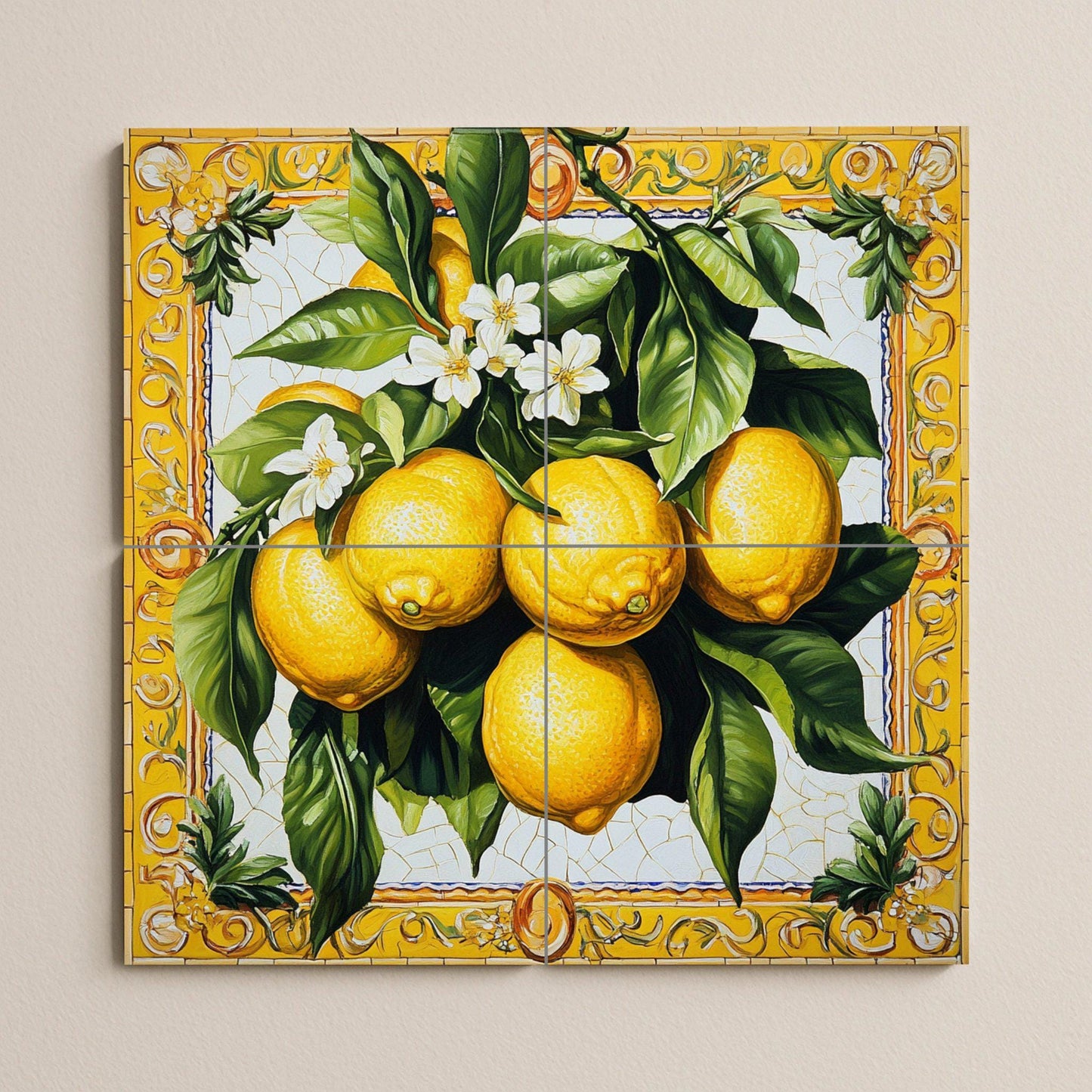Ceramic tile mural with lemons, citrus blossoms, green leaves and a decorative wall art panel with fruit and ornate yellow border.