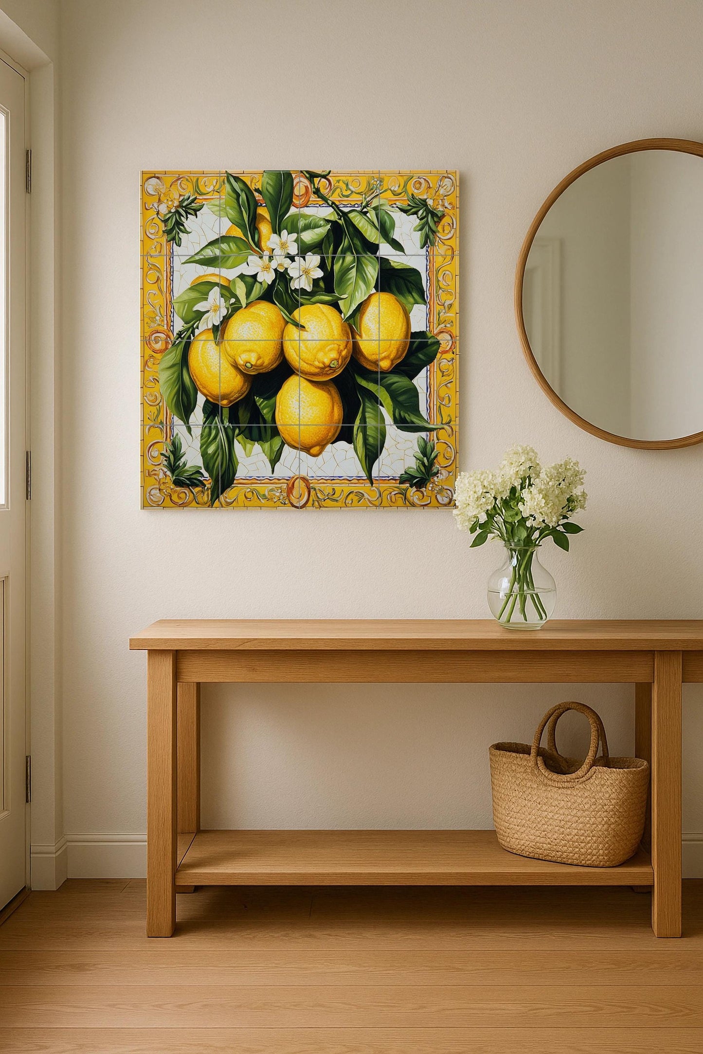 Ceramic tile mural with lemons, citrus blossoms, green leaves and a decorative wall art panel with fruit and ornate yellow border.